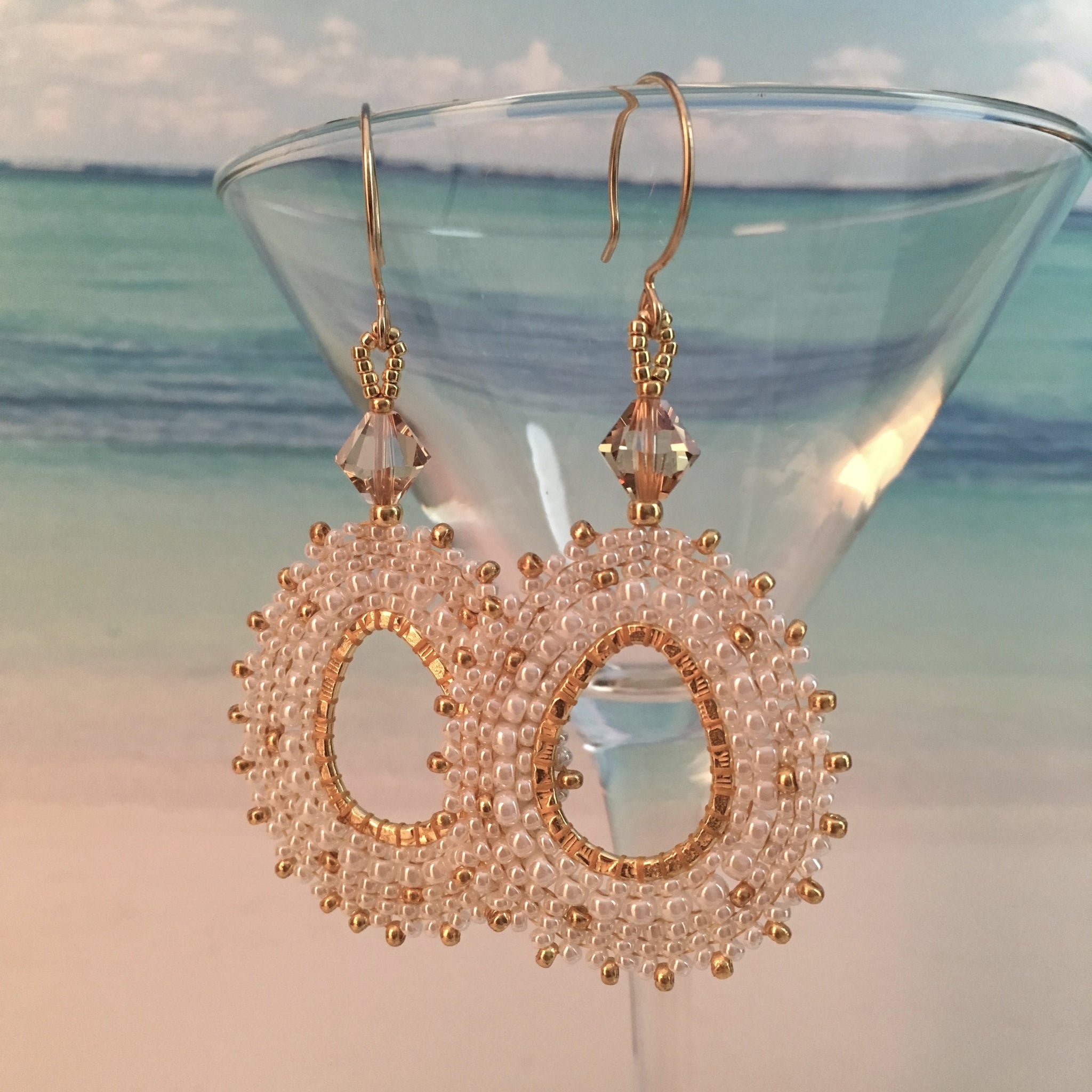 Handmade beaded Elegant crystal beaded oval earrings white bridal party custom Swarovski prom beach resort