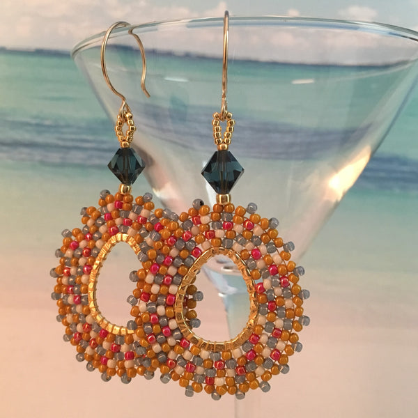 Beaded earrings handmade oval Swarovski crystals maize yellow blue gold 14k gold filled lightweight elegant beaded by the beach