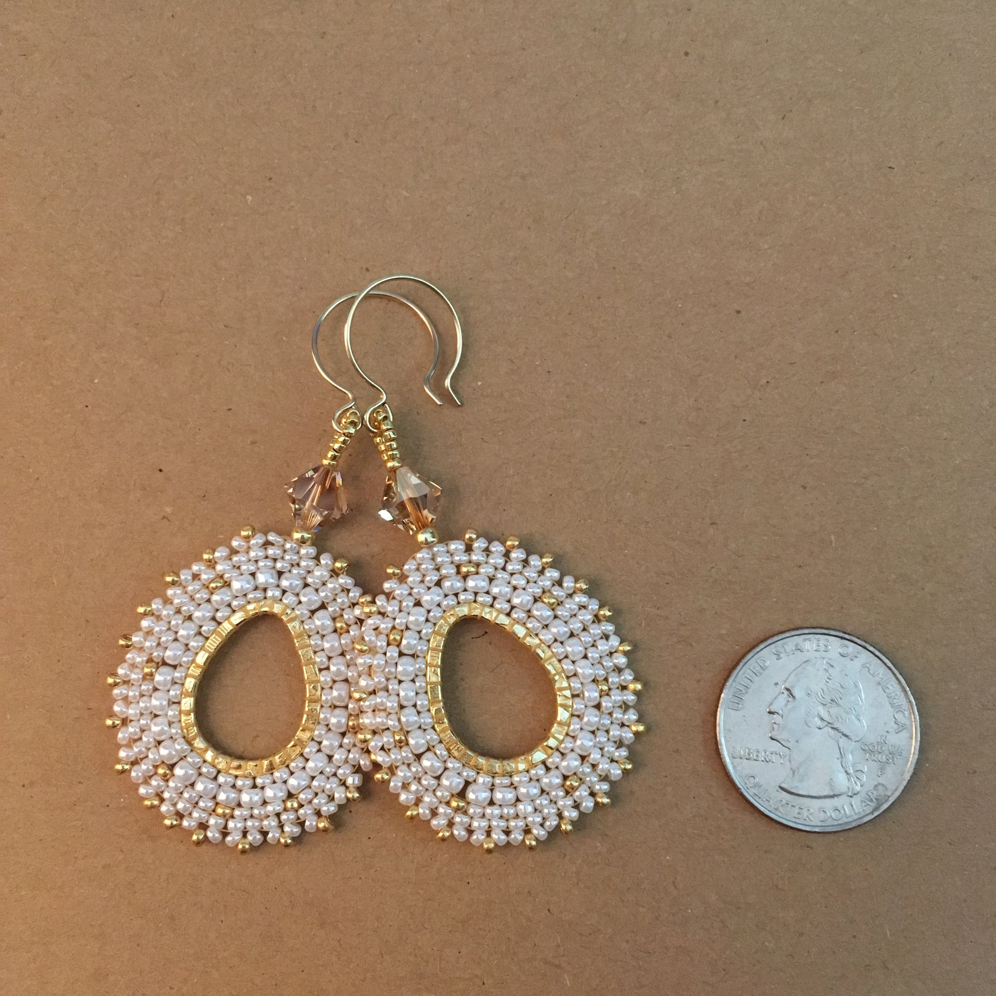 Pearly White and Gold Oval Hoop Beaded Earrings with Swarovski™ Crystals