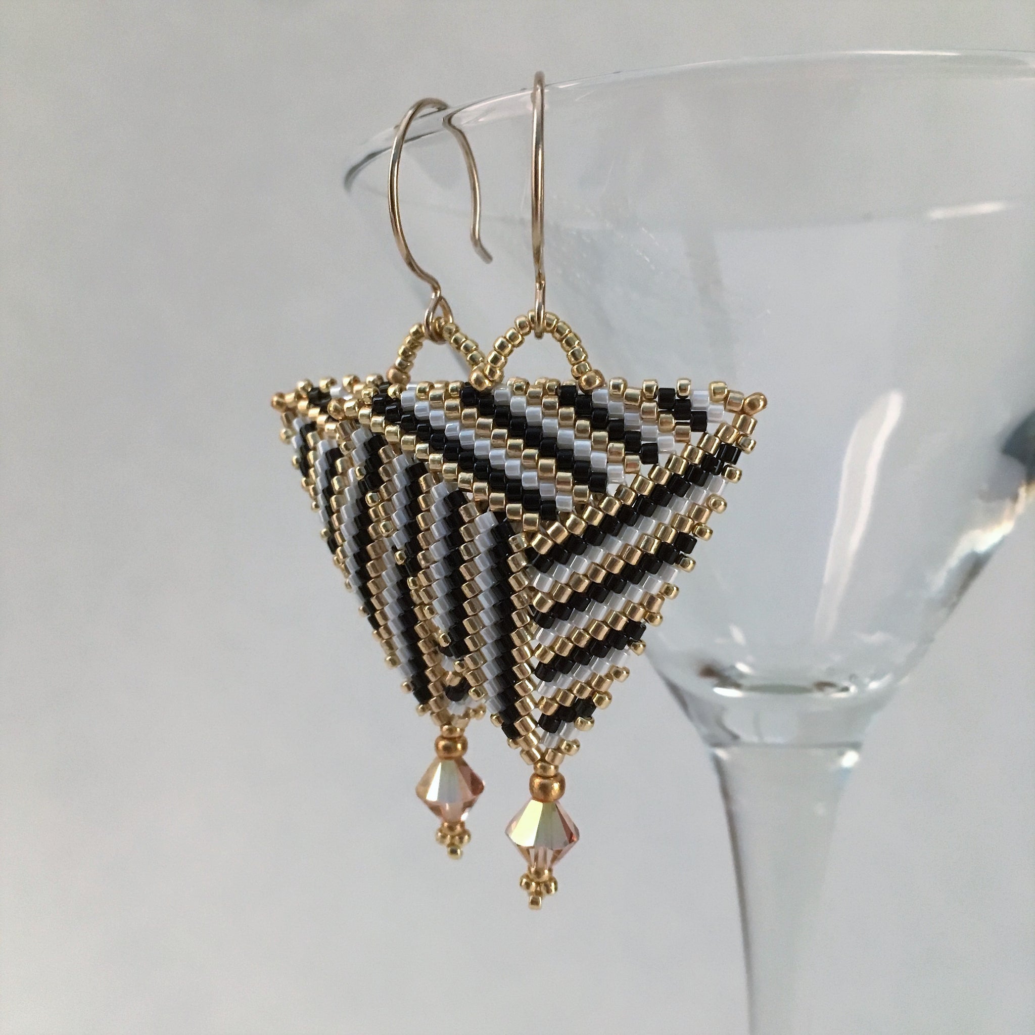 Mondern handmade beaded earrings black gold white  Swarovski crystals 14K gold filled 