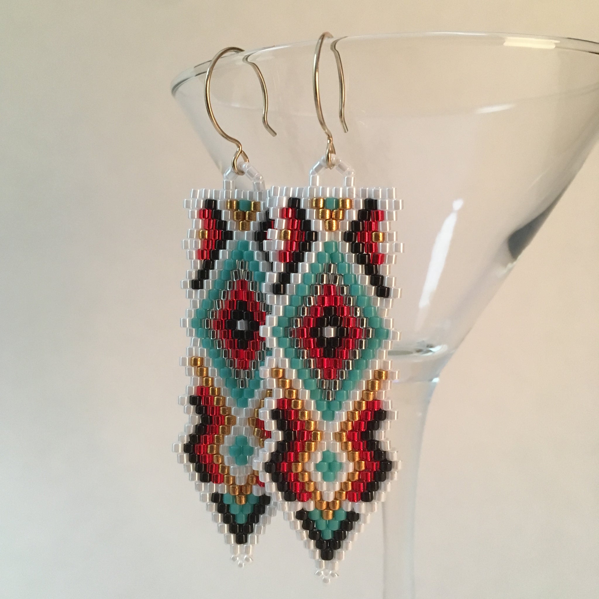 Southwest Style Beaded hand made White Turquoise long statement earrings boho Sundance style Beaded By The Beach