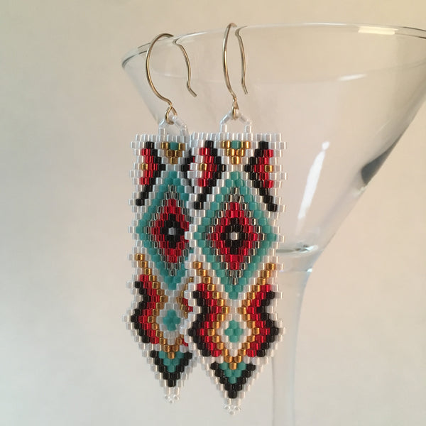Southwest Style Beaded hand made White Turquoise long statement earrings boho Sundance style Beaded By The Beach