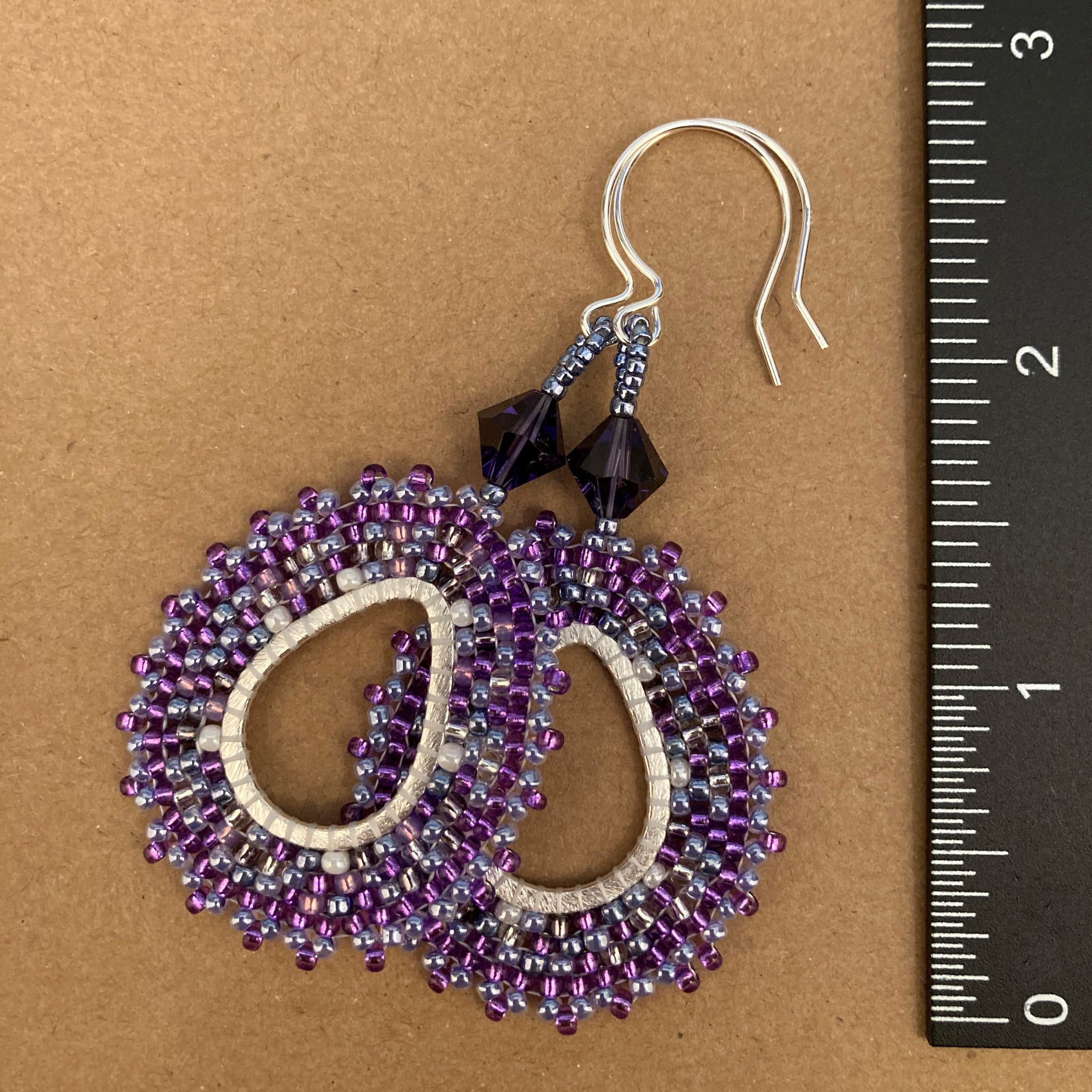Purple and Silver Oval Hoop Beaded Earrings with Swarovski™ Crystals