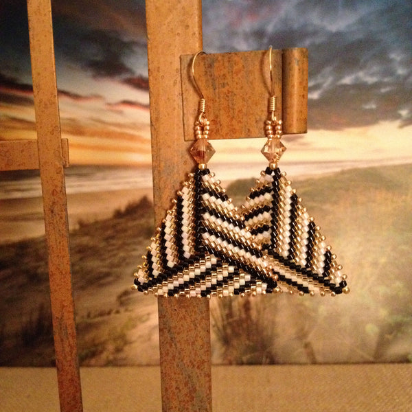 Handmaded beaded earrings triangle modern gold black white Swarovski crystals contemporary  