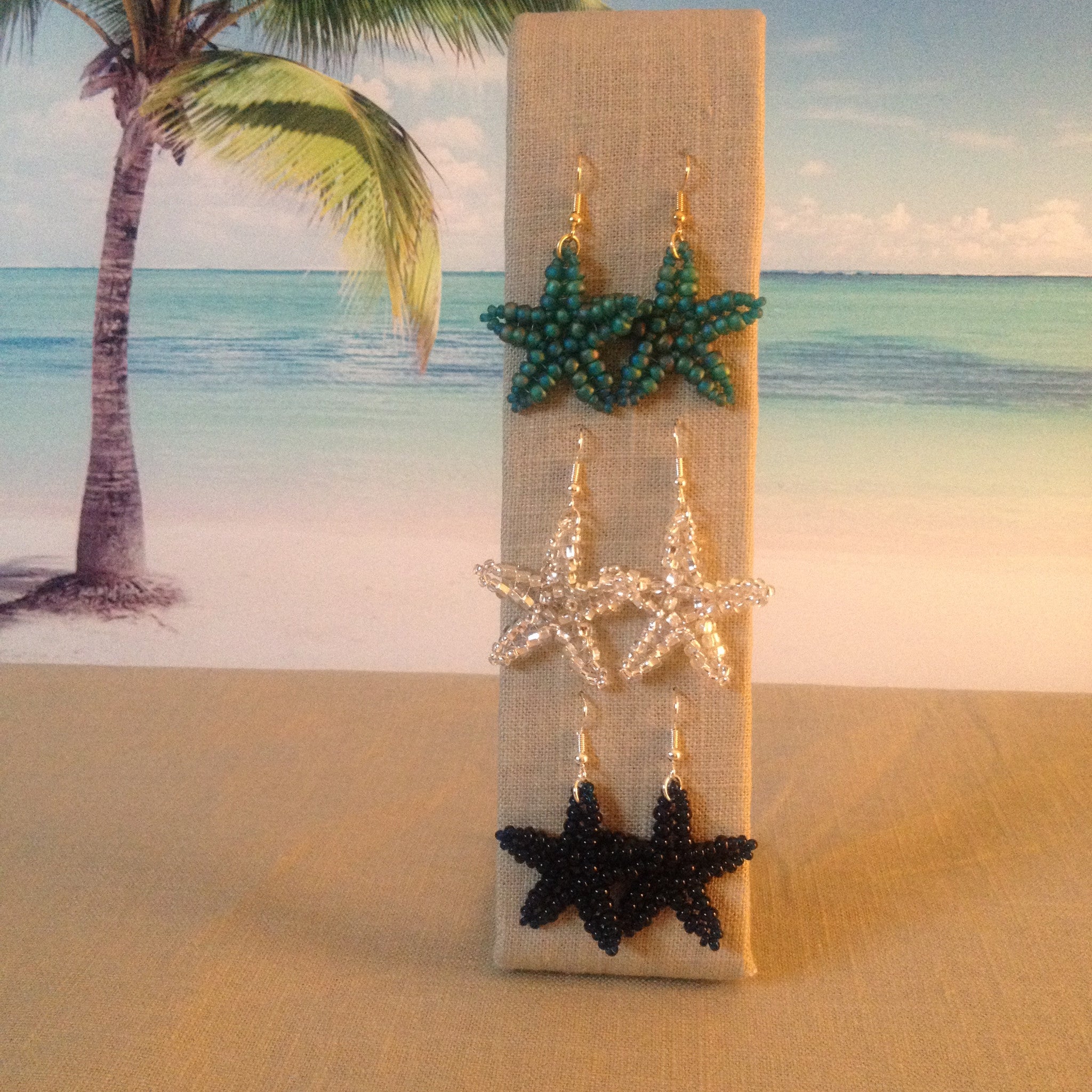Starfish beaded handmade earrings in green crystal navy resort cruise wear fun beachy style