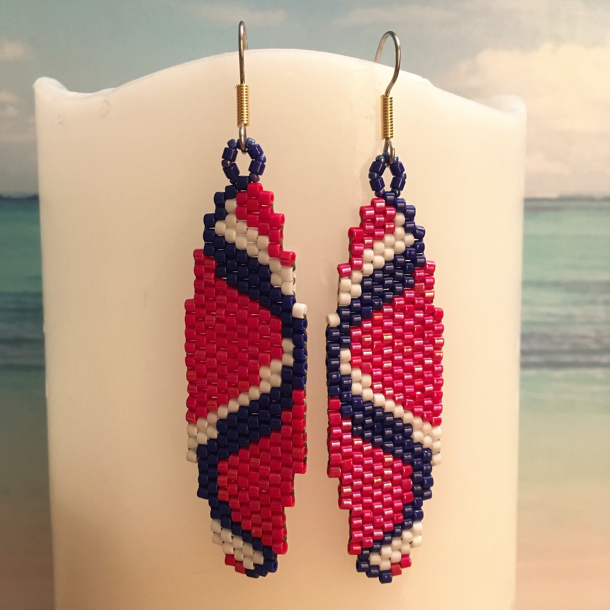 Sine Wave Sound Science Hand made beaded earrings Red White Blue Surfboard Beaded By The Beach Geek