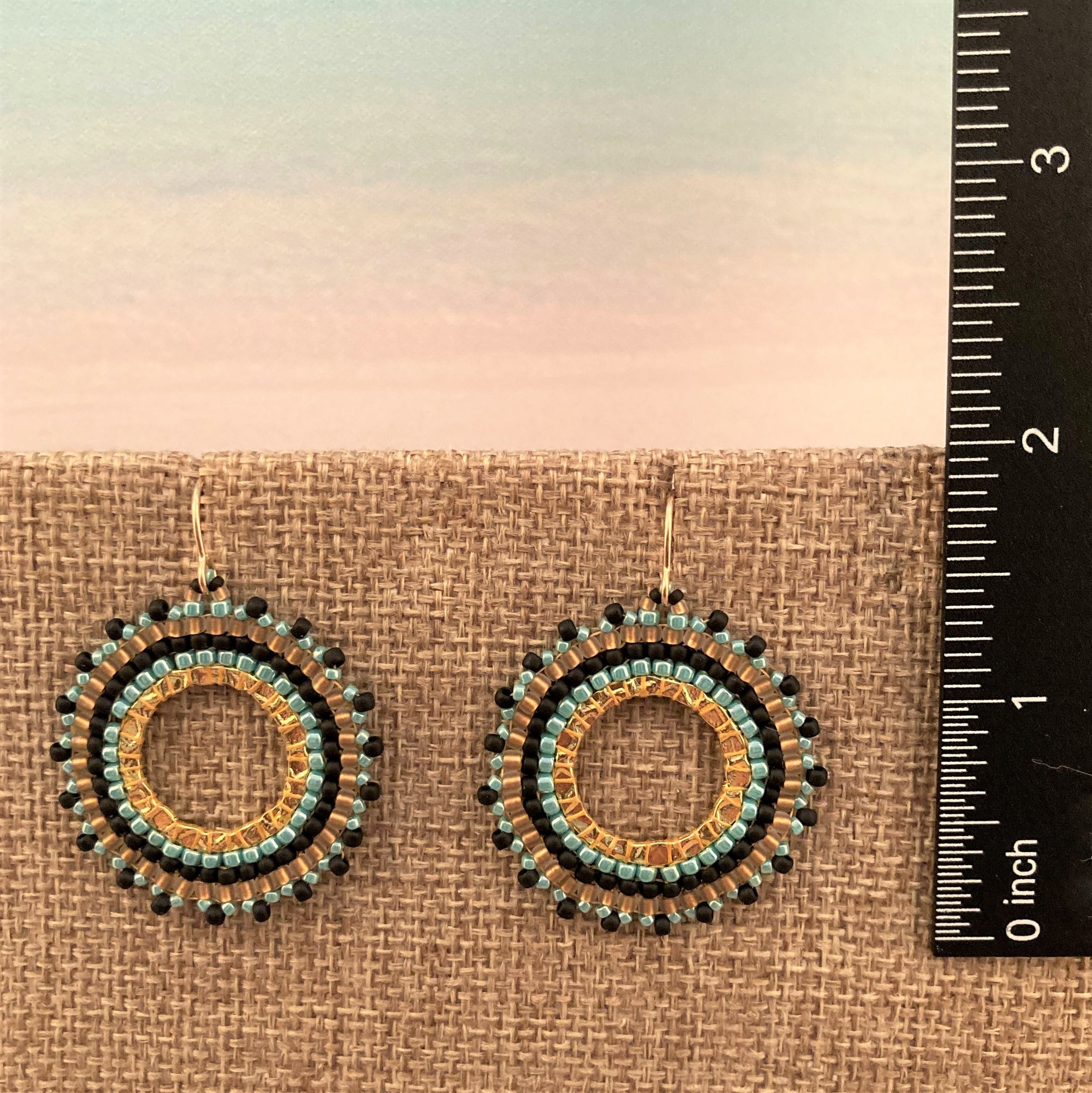 Petite Turquoise Gold and Black Beaded Hoops