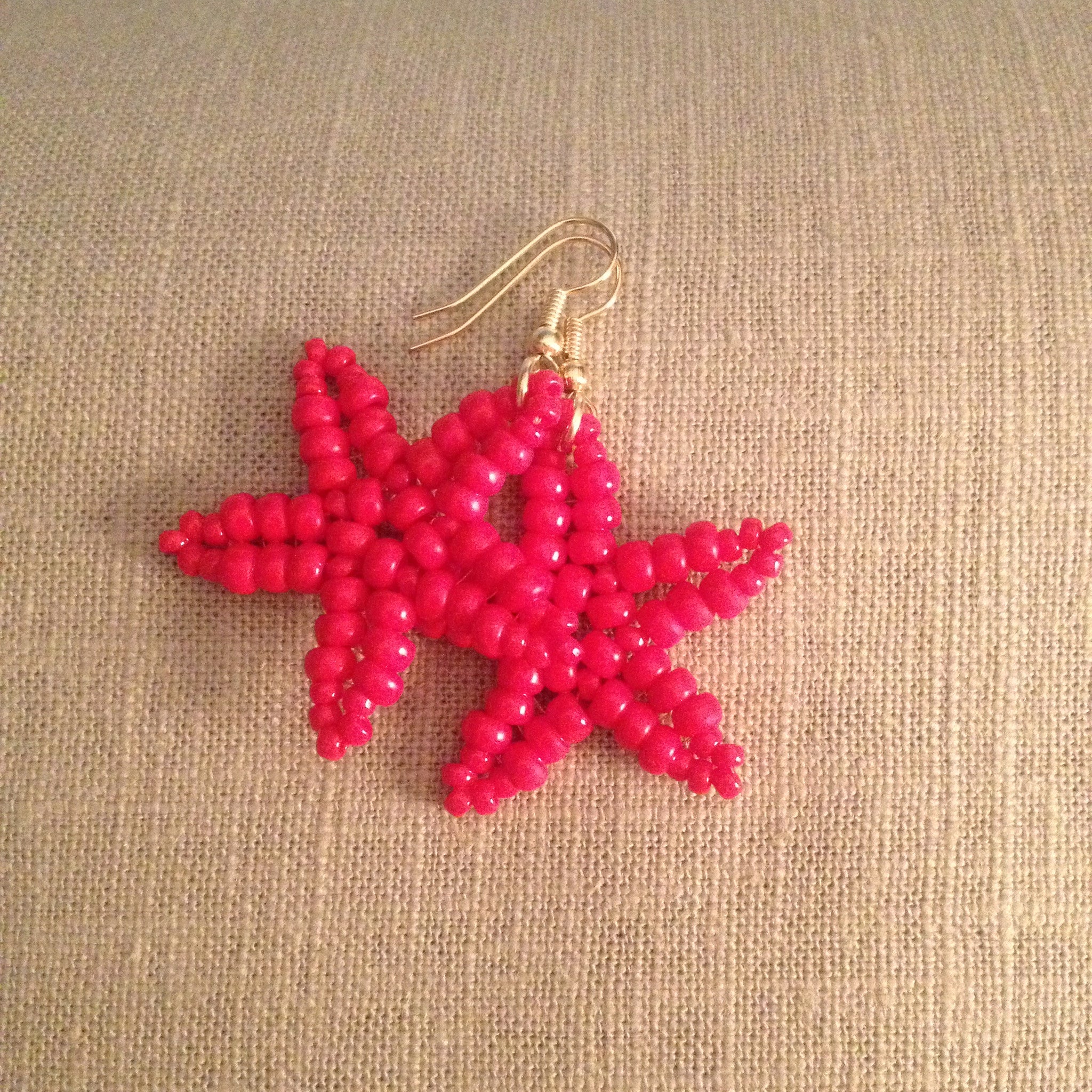 Starfish Beaded Earrings Cherry Red Beachy hand made fun resort cruise wear