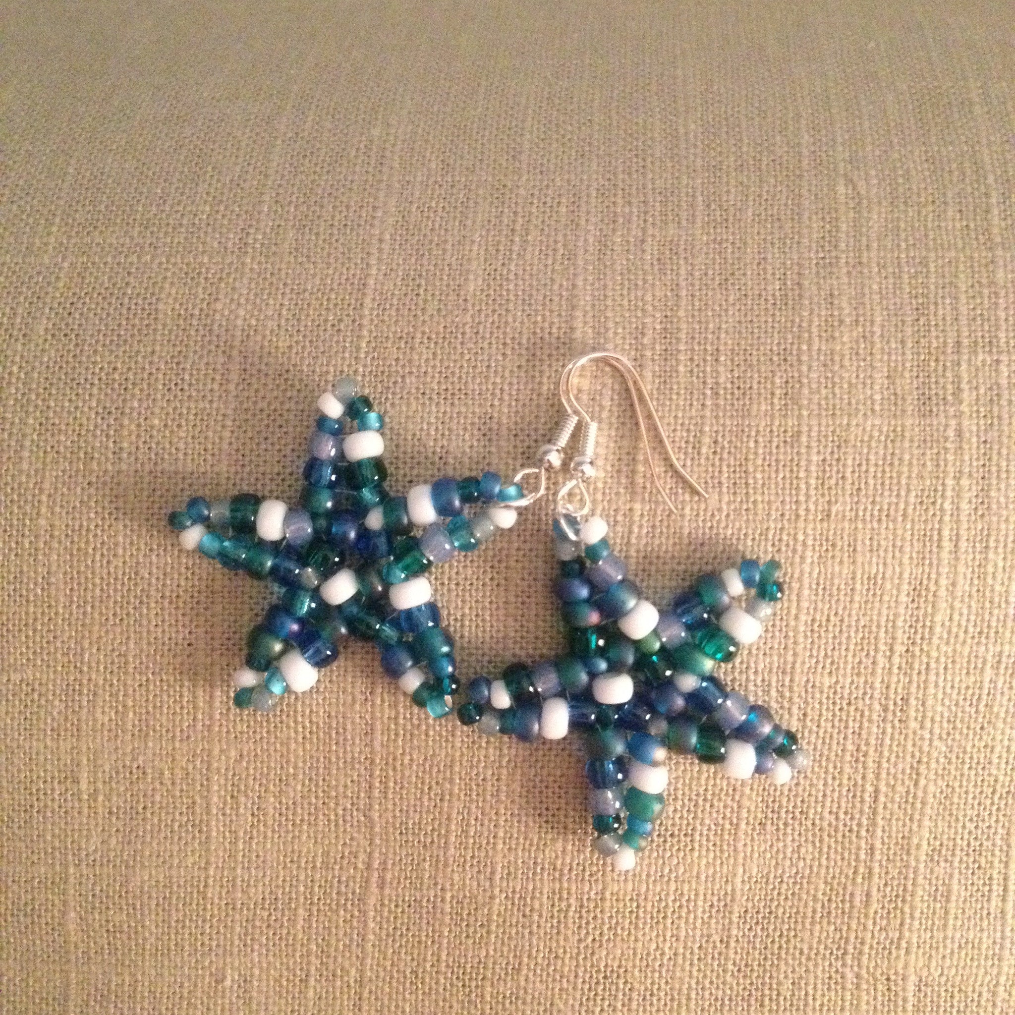 Starfish beaded handmade earrings ocean blue multi beachy fun resort cruise wear
