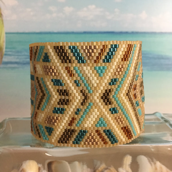 Boho Sundance Native style tan turquoise handmade beaded bracelet peyote wide original design beaded by the beach casual 