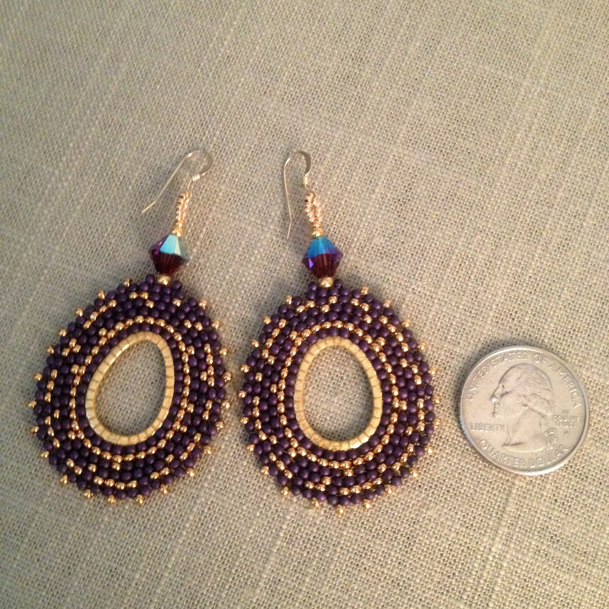 Purple and Gold Oval Beaded Earrings with Swarovski™ Crystals