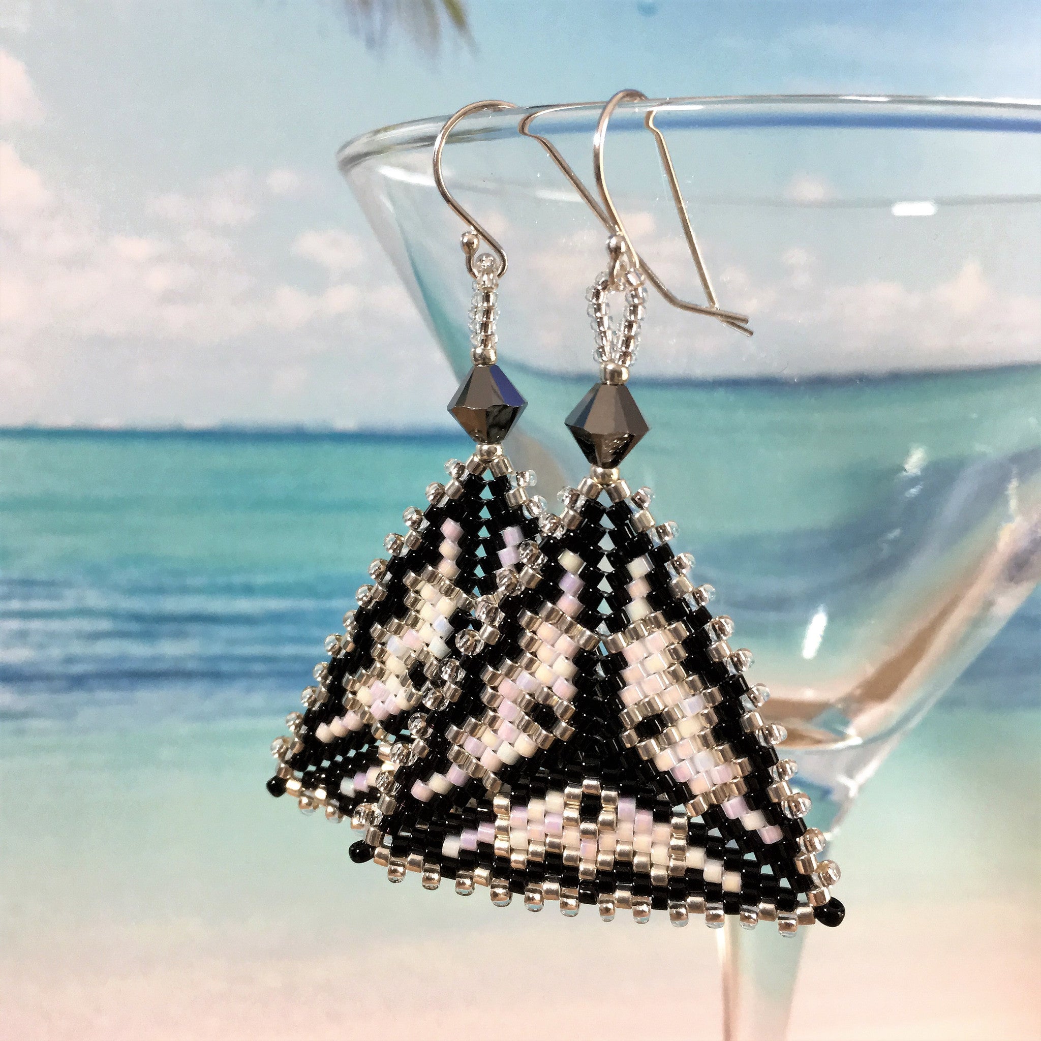 Geometric Modern Triangle Black Silver White Earrings hand made custom bead work Science Statement Sterling silver Swarovski crystals Beaded By The Beach Star Trek