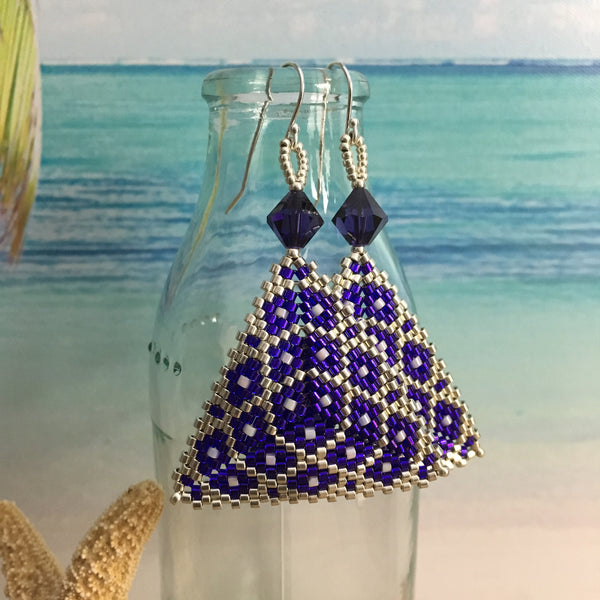 Purple and Silver Geometric Beaded Triangle Earrings elegant modern statement contemporary Swarovski beaded by the beach