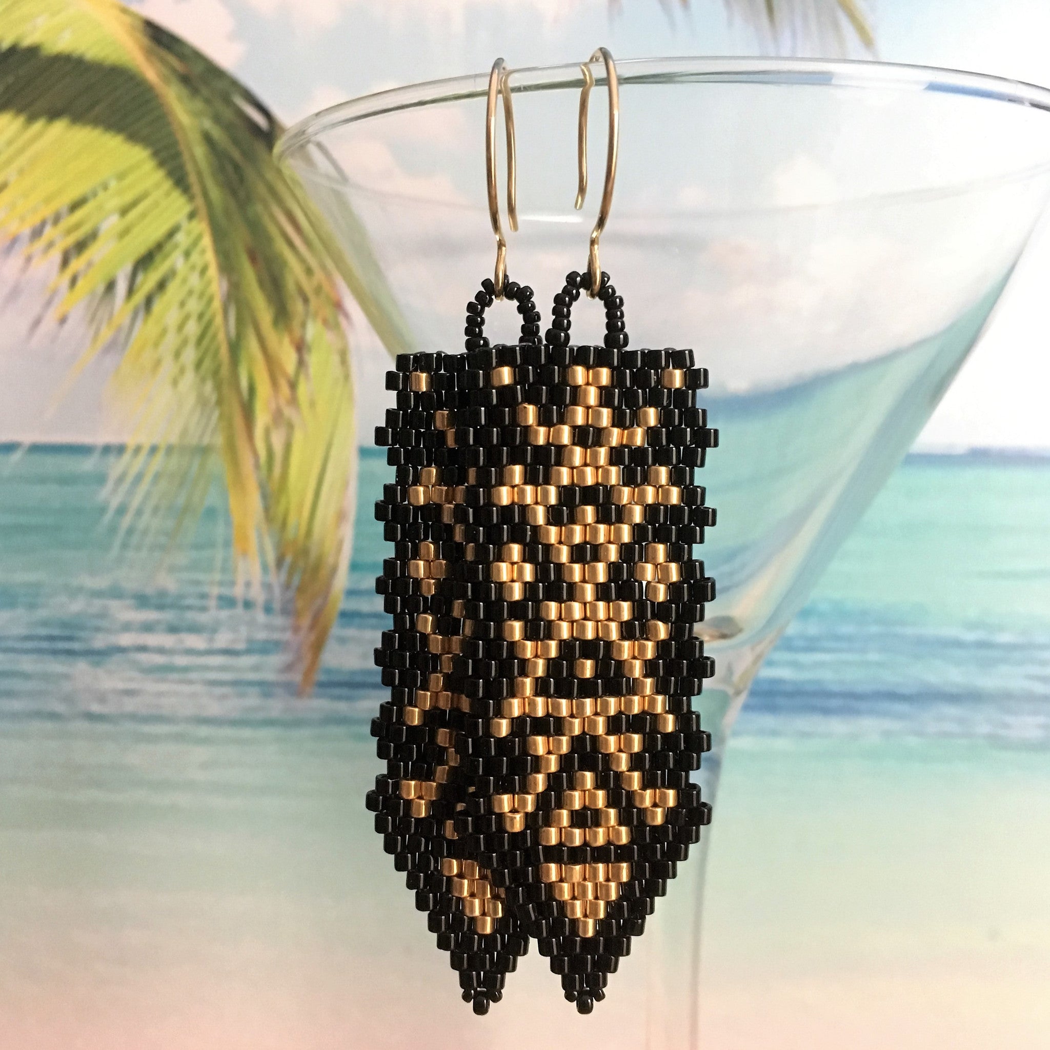 Black gold long handmade peyote beaded earrings 