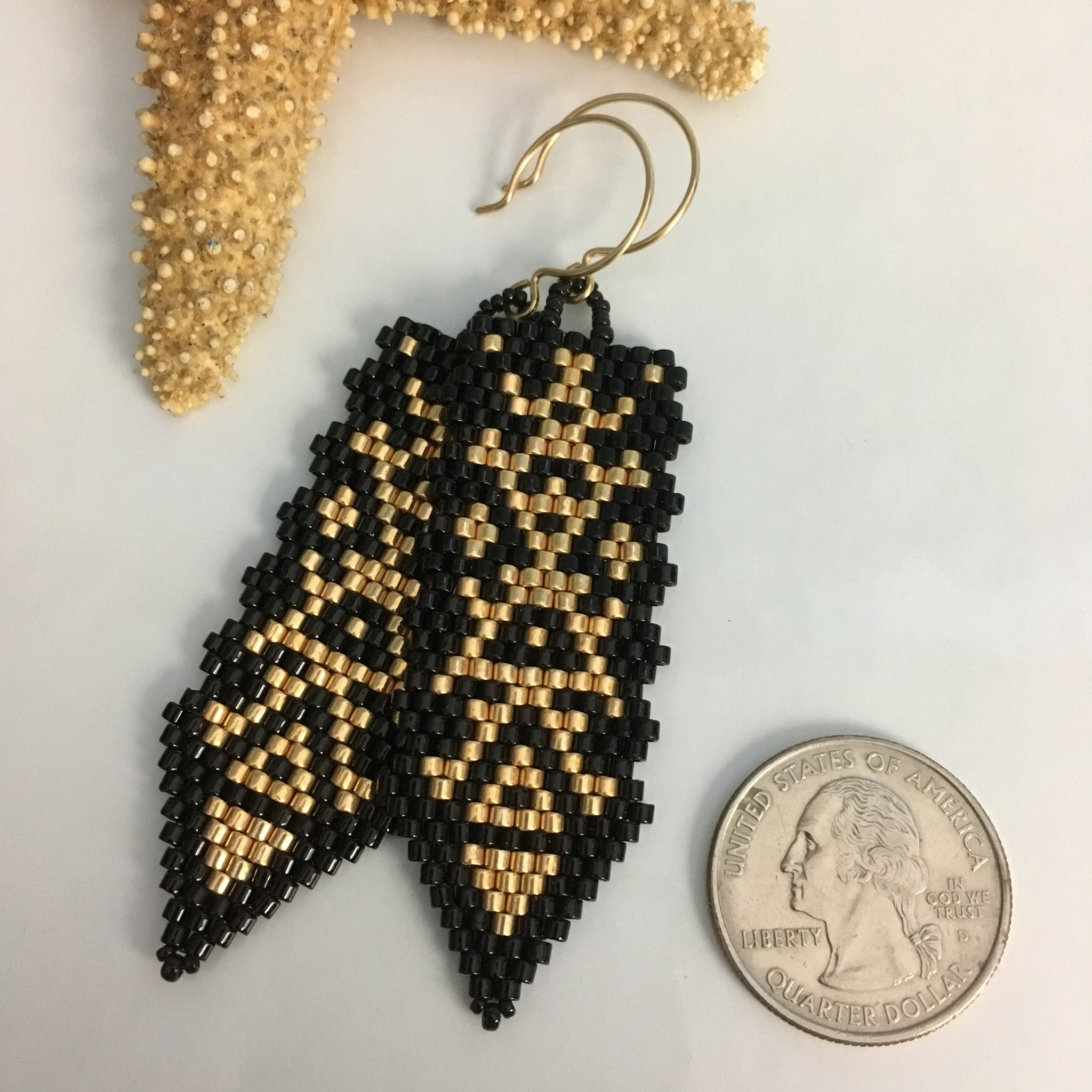 Black and Gold Long Beaded Earrings