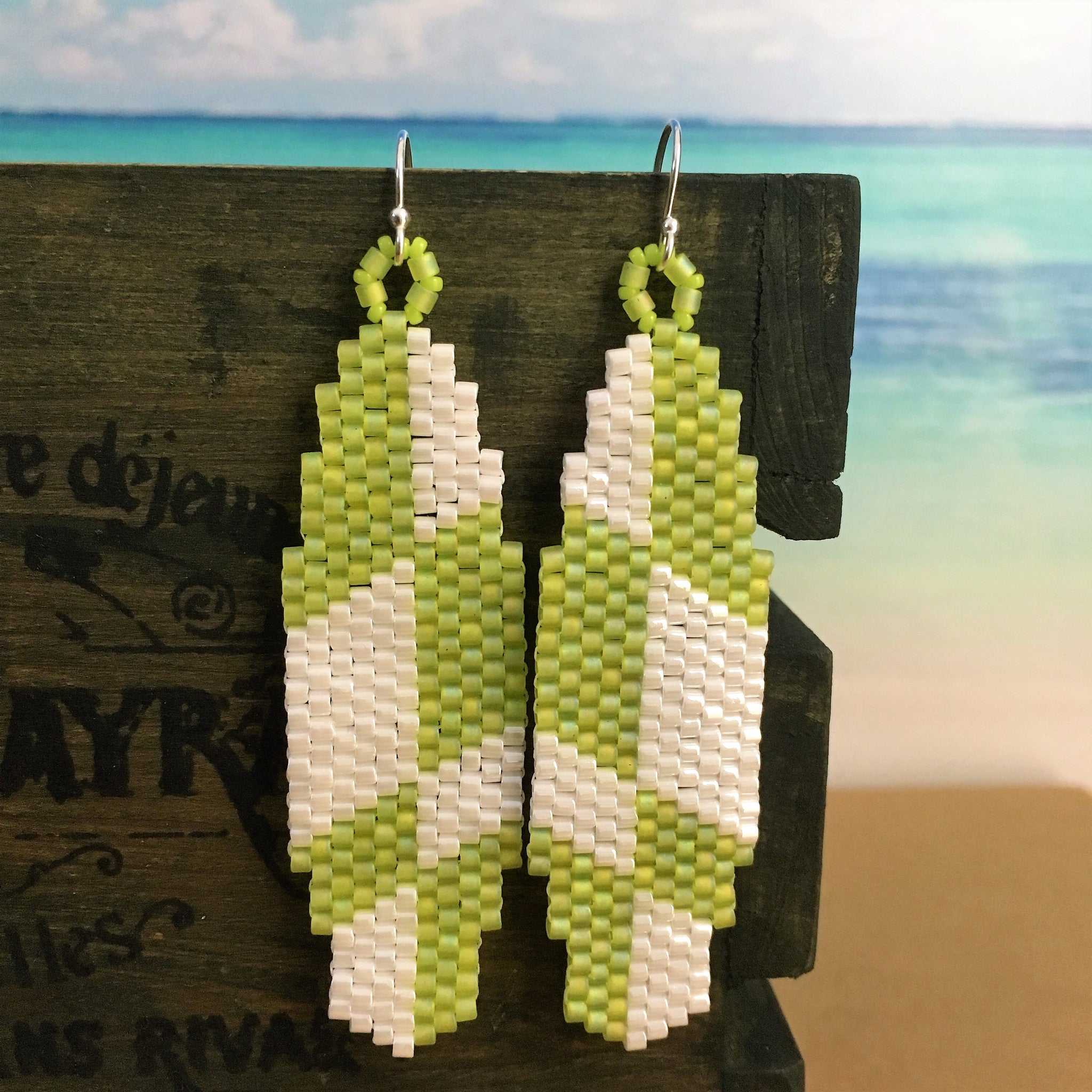 Surfboard LOST style beaded handmade earrings lime and white beachy fun laid back Beaded By The Beach boho long surfing ocean USA made