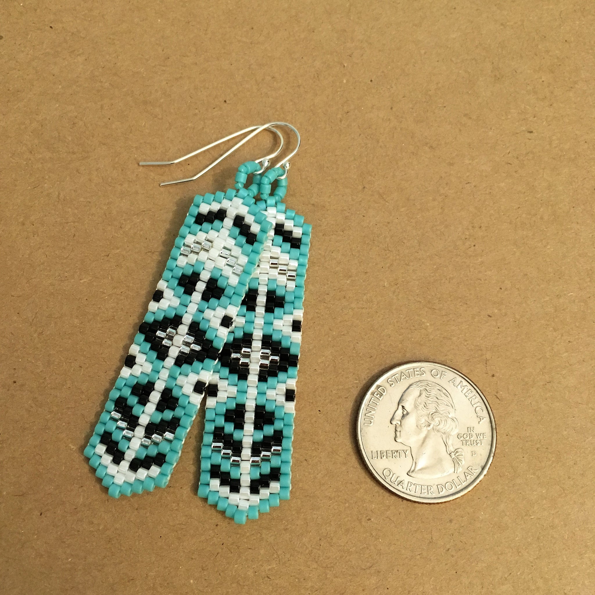 Long Turquoise, Black, White, and Silver Earrings
