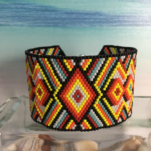 Handmade beaded bracelet bold black wide Native Sundance style bright colors original design 