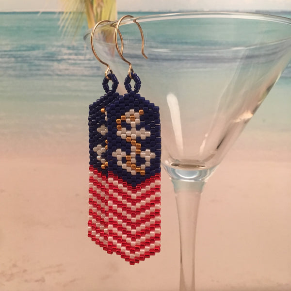 Patriotic Nautical Anchor USA Red White US NAVY USMC Blue Beaded Earrings lake house America