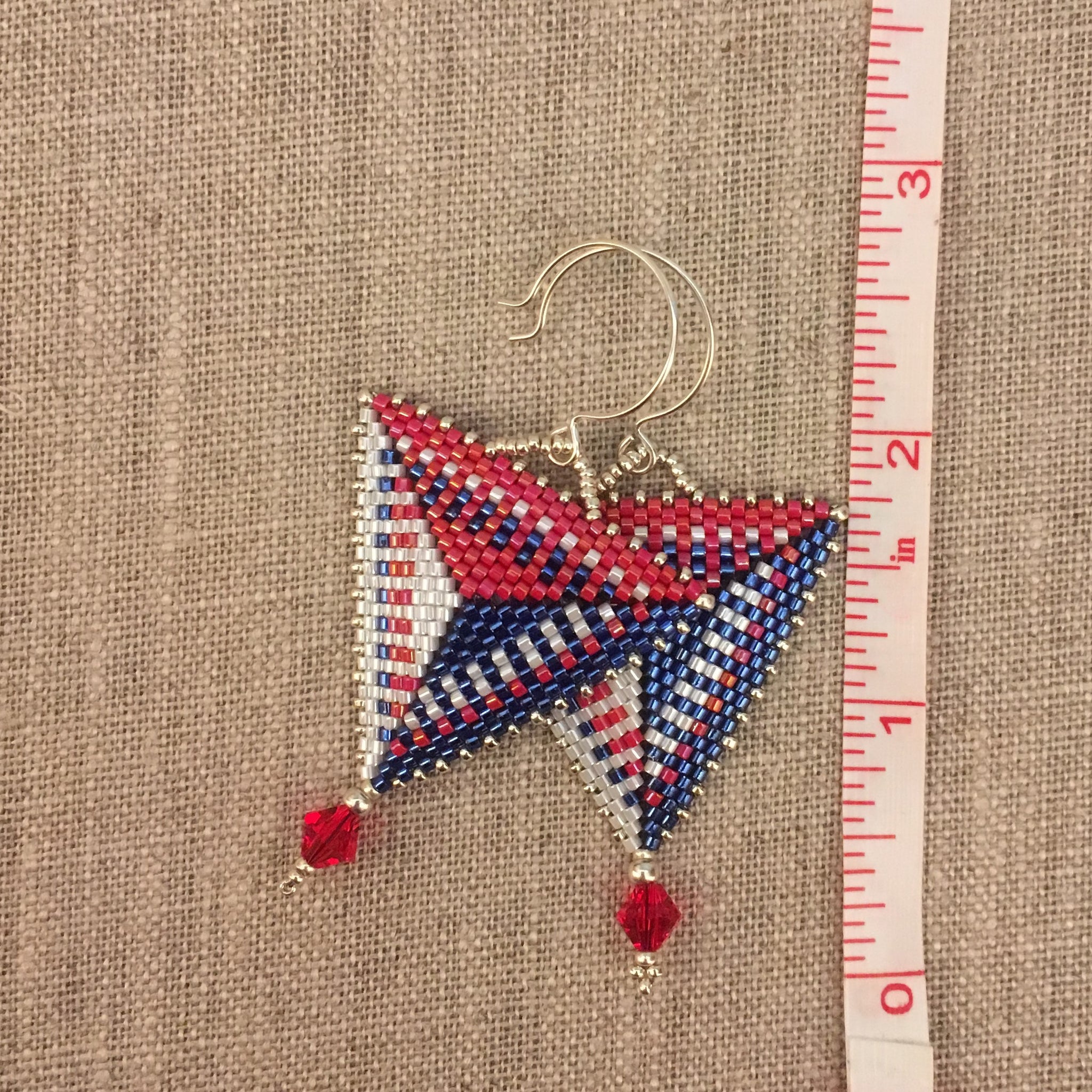 Red White Blue Modern Triangle beaded earrings Swarovski crystals sterling silver ear wires long lightweight 