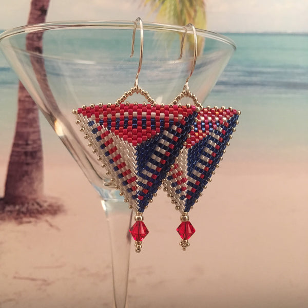 Red White Blue Modern Triangle beaded earrings USA Patriotic flag Swarovski crystals sterling silver ear wires long lightweight modern beaded by the beach