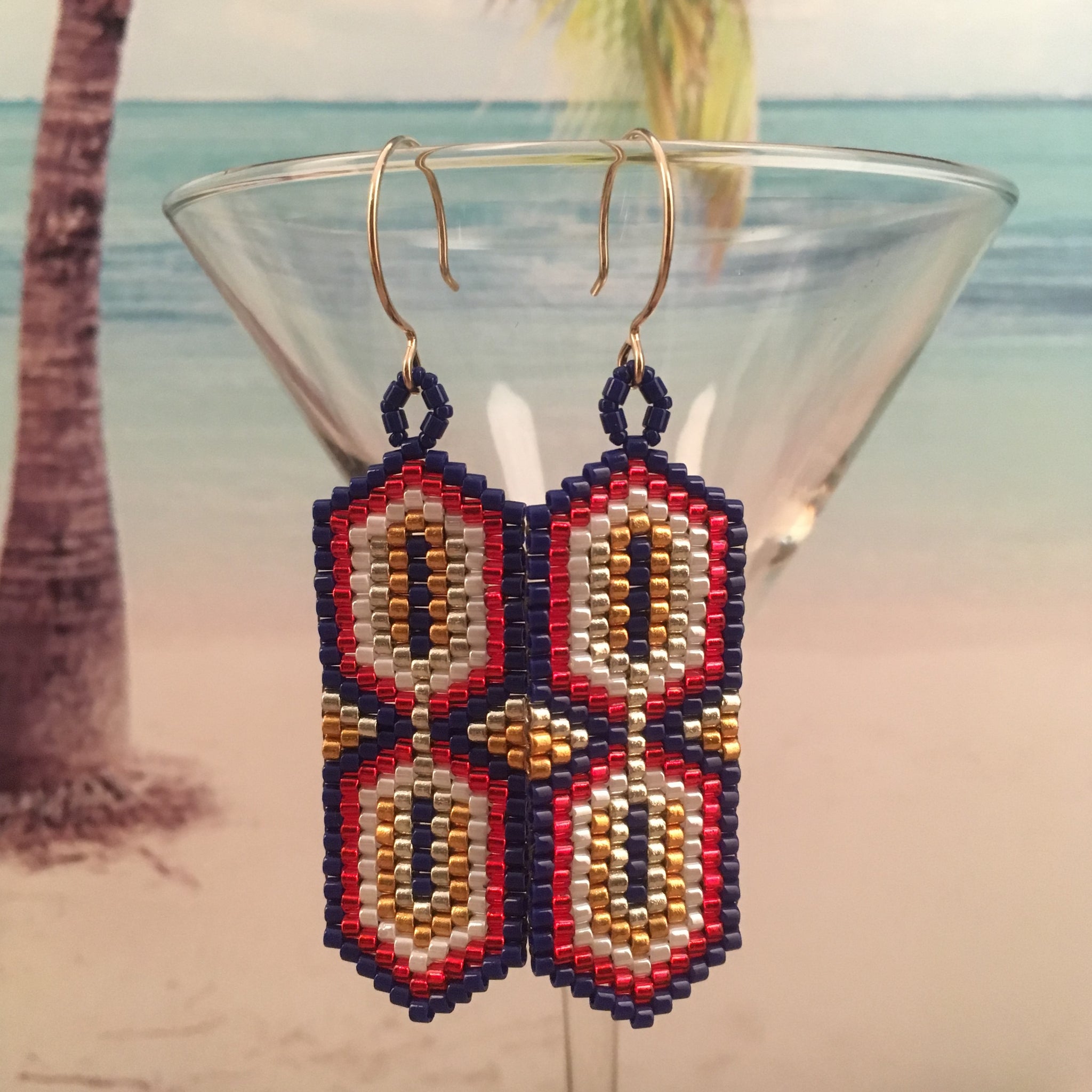 Red White Blue Gold Silver Abstract mid century Modern hourglass shape Beaded Earrings long lightweight statement beaded by the beach Mad Men style