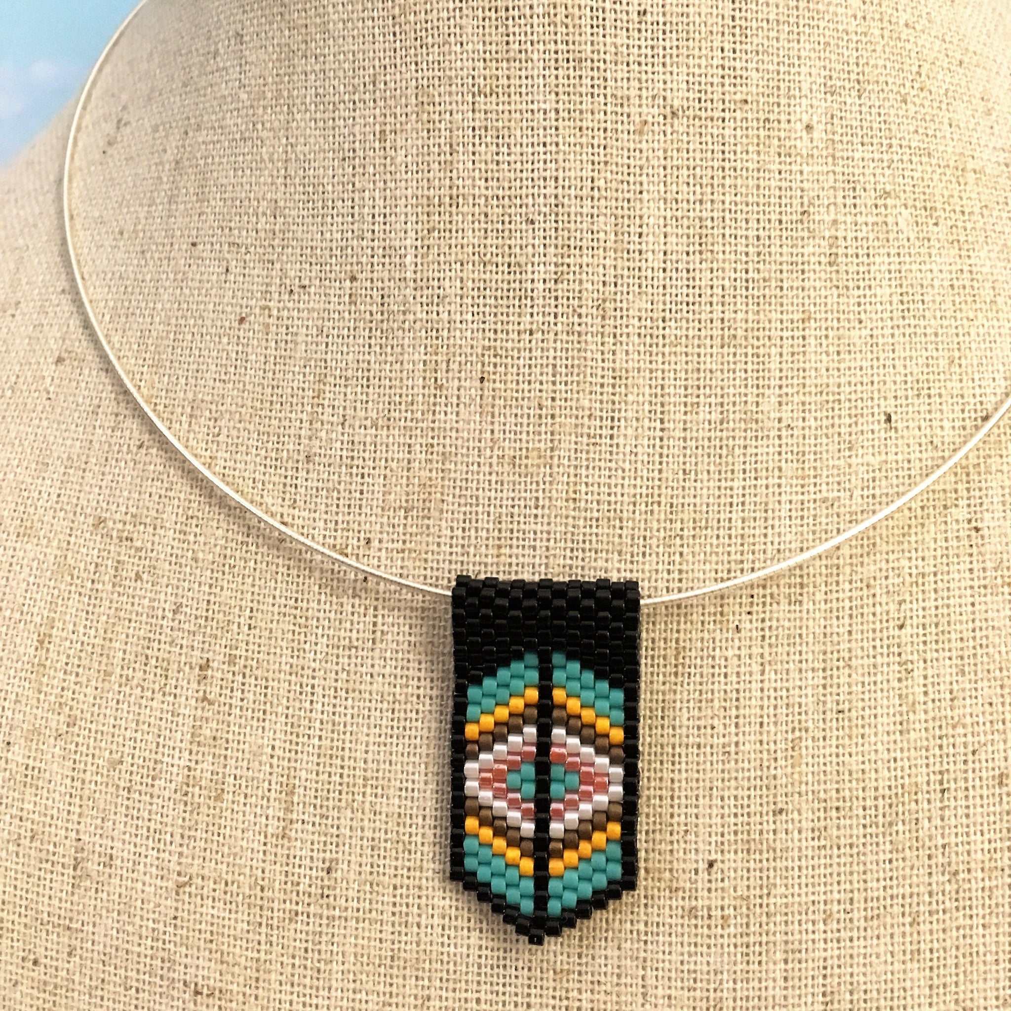 Handmade beaded mini pendant peyote black turquoise white