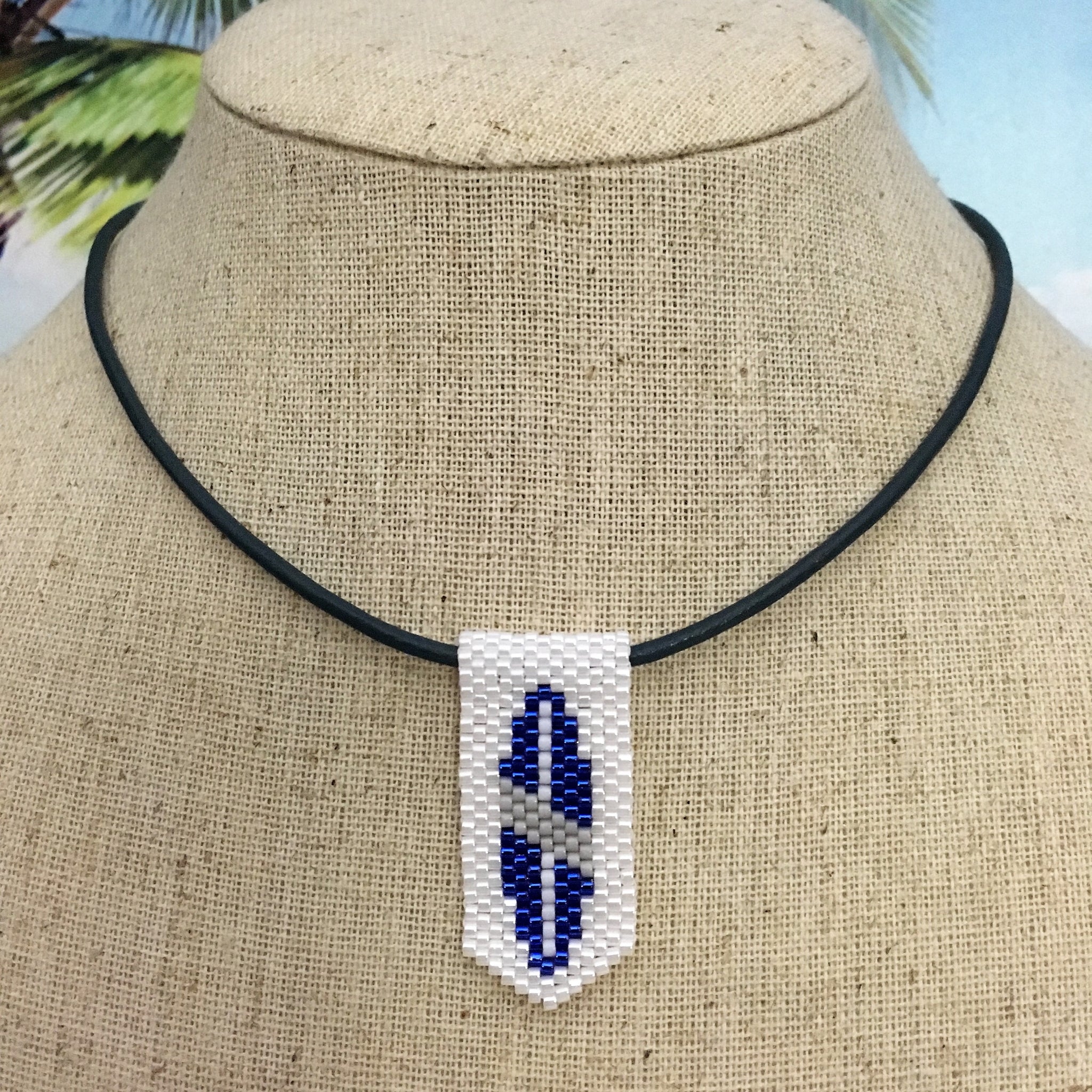 Handmade beaded mini pendant surfboard blue gray white leather cord