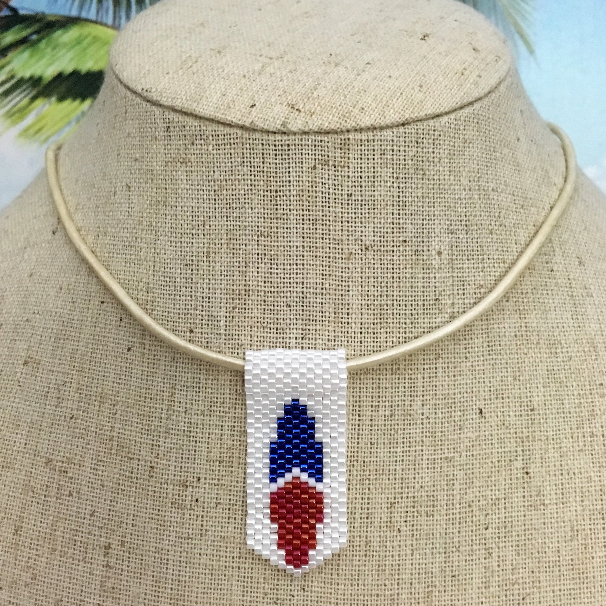 Handmade beaded mini surfboard pendant USA red white blue leather cord