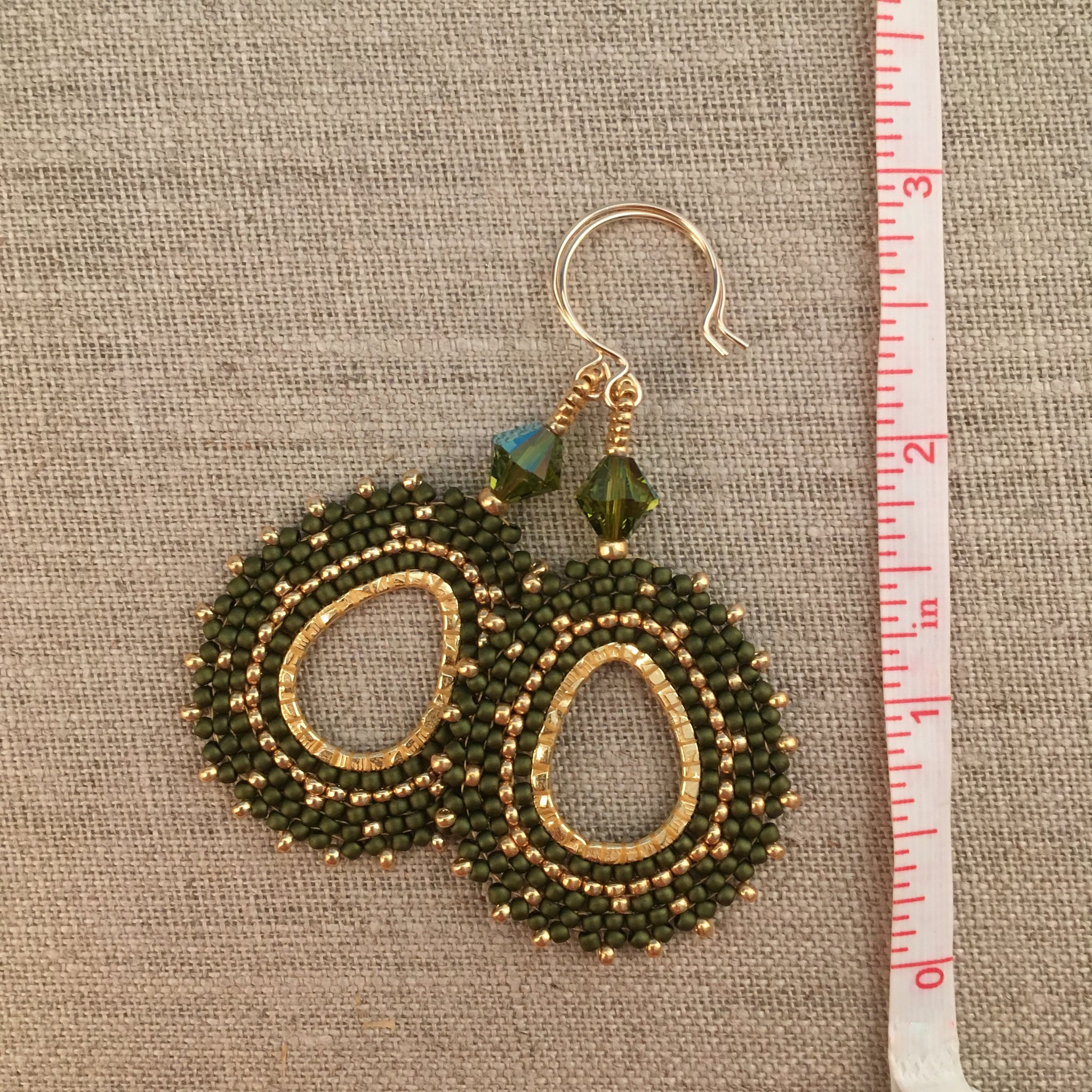 Olive Green and Gold Oval Hoop Beaded Earrings with Swarovski™ Crystals