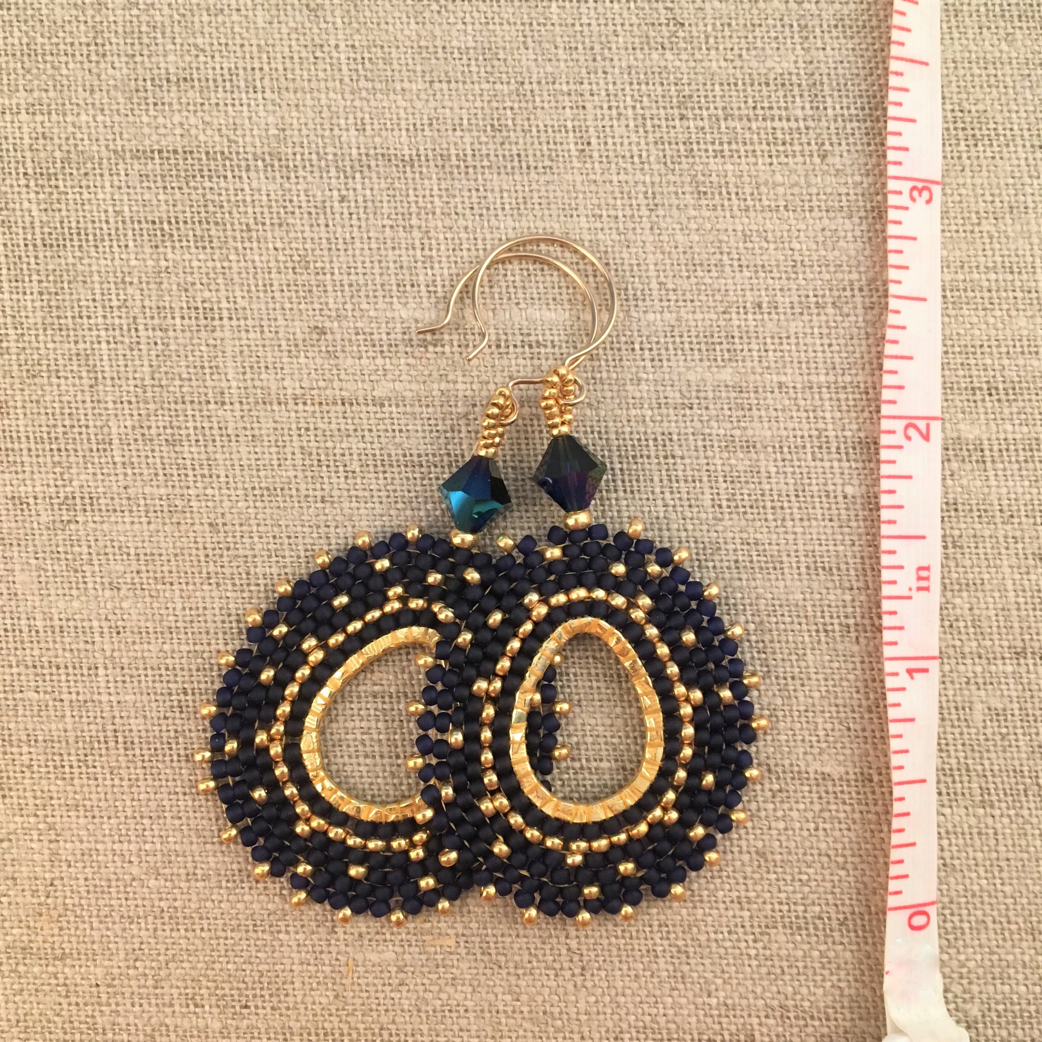 Deep Blue and Gold Oval Beaded Earrings with Swarovski™ Crystals