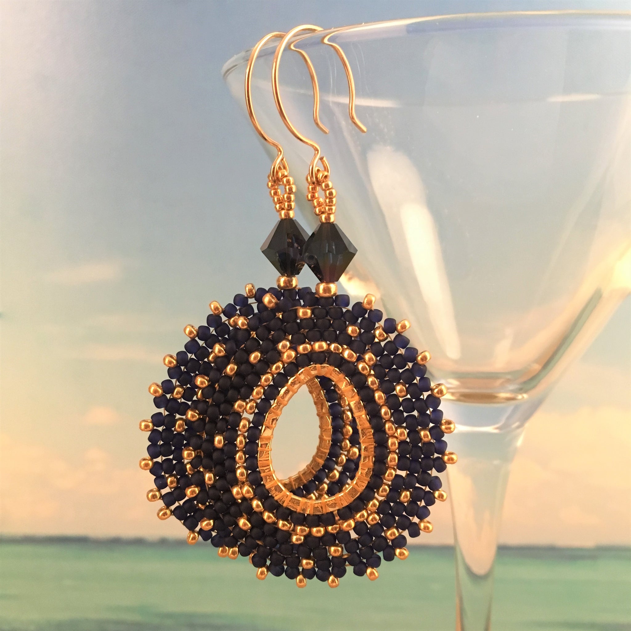 Deep Cobalt Blue and Gold Beaded Oval Earrings with Swarovski Crystals handmade Beaded by the Beach elegant 14K gold-filled