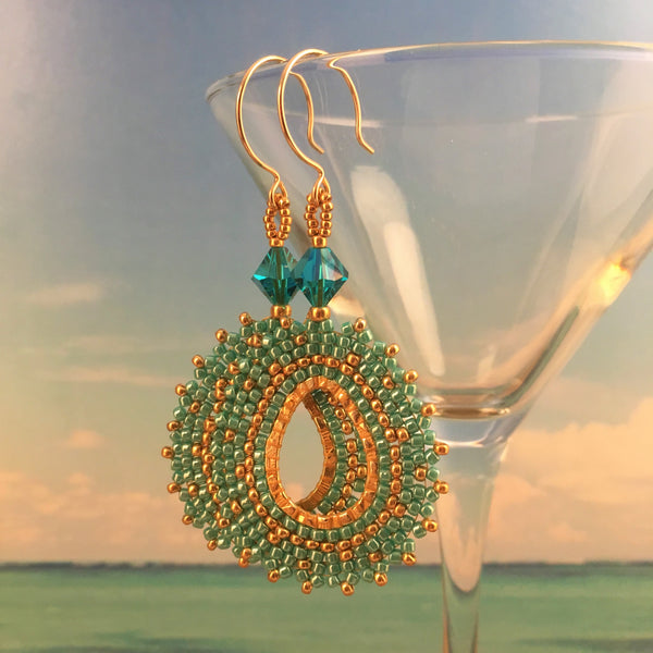 Turquoise and gold beaded oval earrings with Swarovski crystals 14K gold-filled handmade Beaded By The Beach custom orders available 