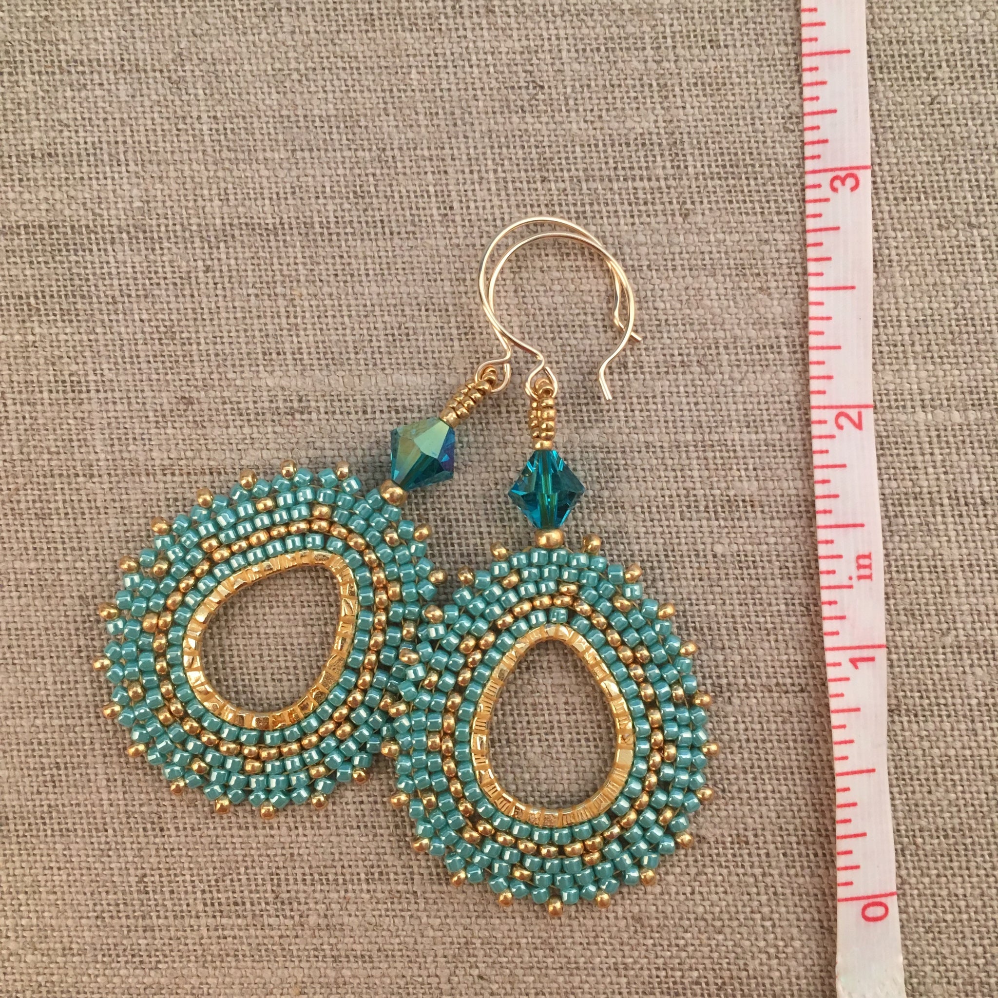Turquoise Green and Gold Oval Hoop Earrings with Swarovski™ Crystals