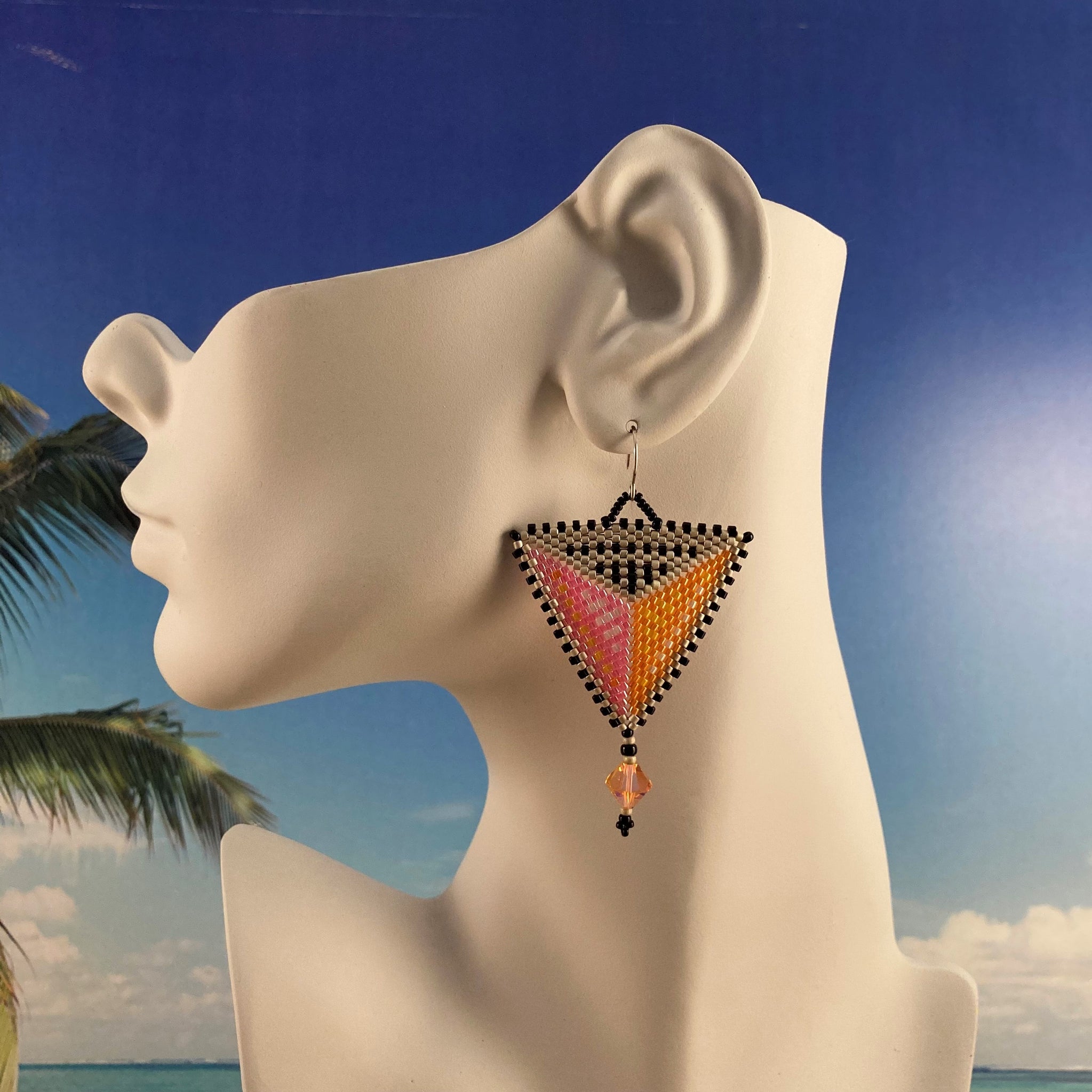 Orange and pink Contemporary Triangle Modern Beaded Earrings matching Large Swarovski crystals  sterling silver ear wires lightweight stunning artisan handmade Beaded By The Beach couture 
