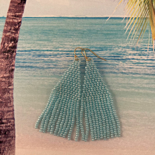 Sky Blue smaller beaded tassel fringe more petite earrings lightweight resort elegant summer Beaded By The Beach swim dance cruise party ocean USA hand made vacation accessories jewelry 