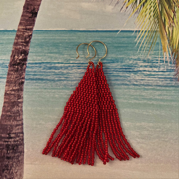Red Beaded Tassel Fringe Earrings