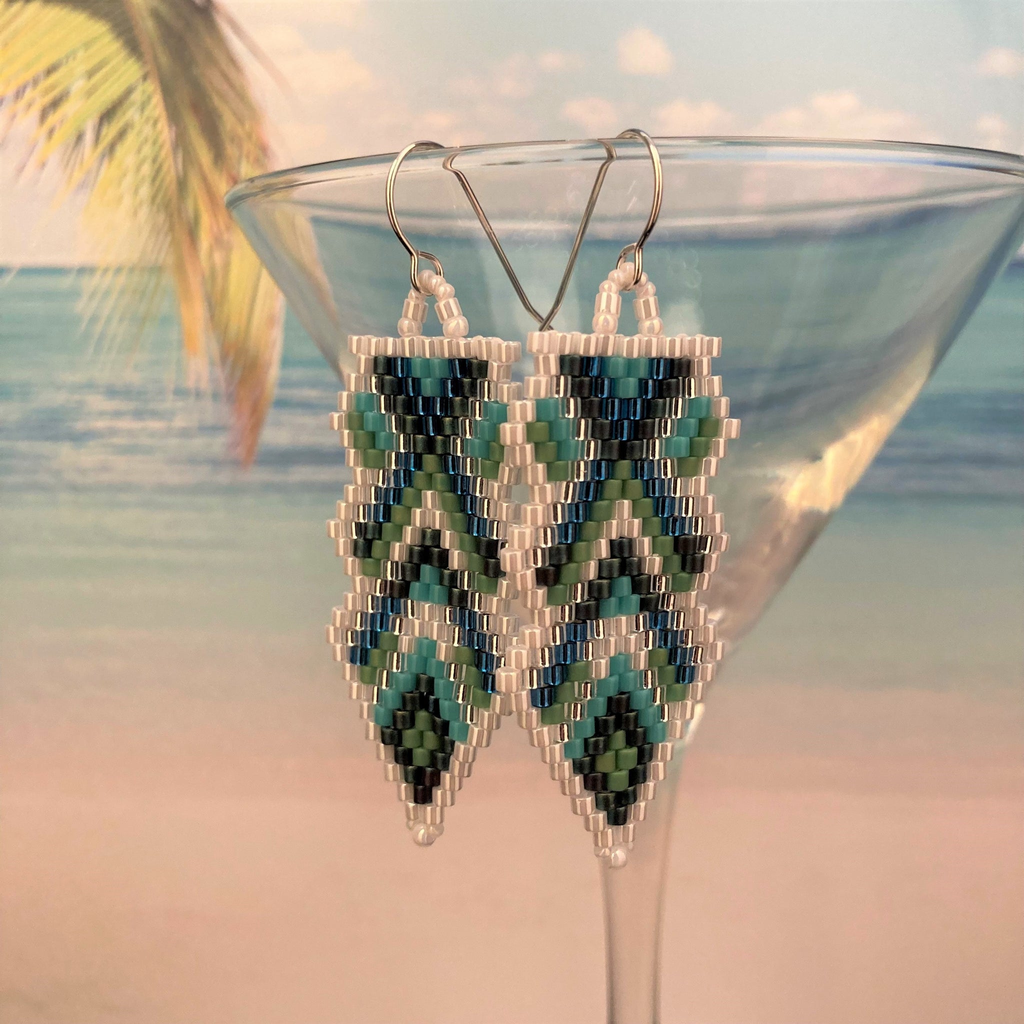 Beaded Arrow Earrings peyote Green White Blue Turquoise sterling silver ear wires medium long custom lightweight Southwest vibe boho casual party ocean beaded by the Beach custom handmade beads 