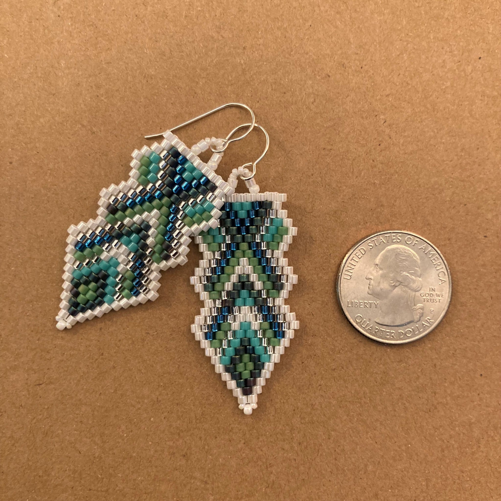 Beaded Arrow Earrings in Green White and Turquoise Blue