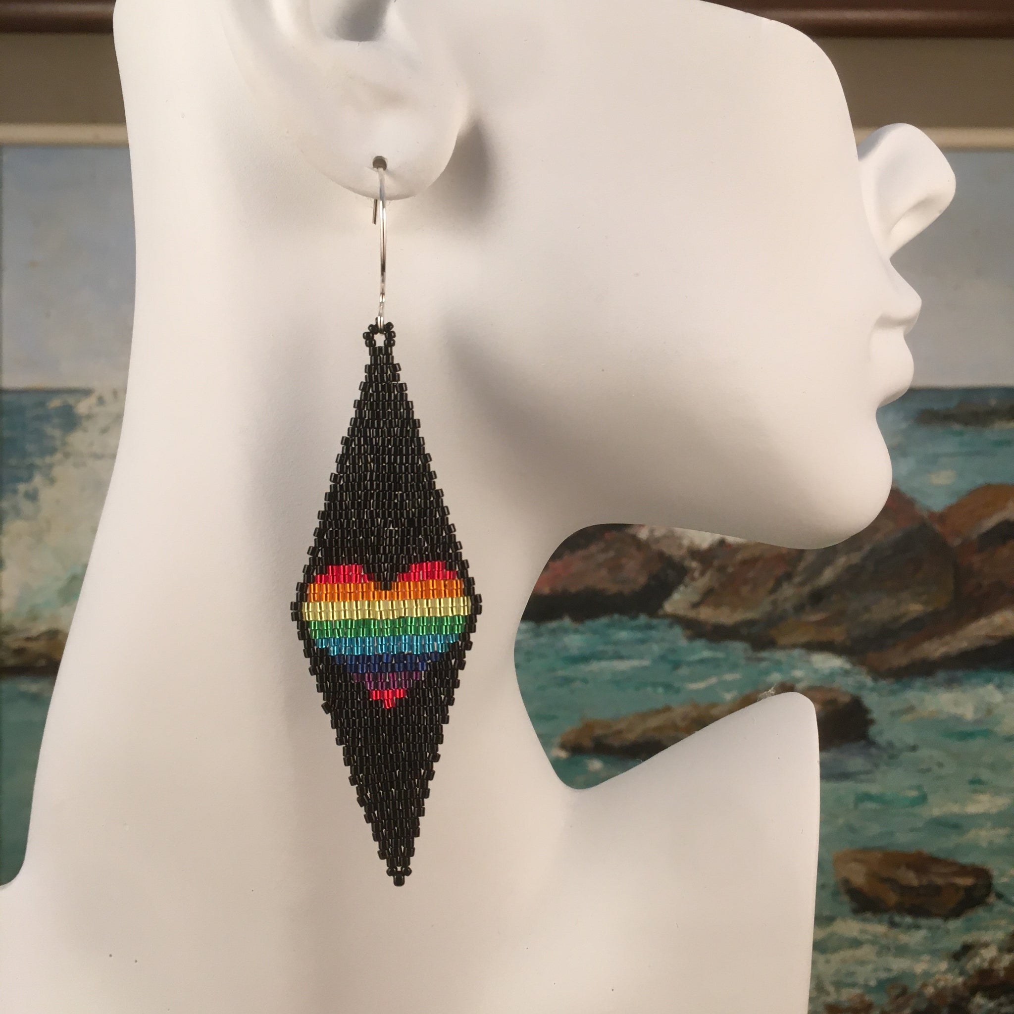 Long duster Rainbow Heart Black Beaded by the Beach earrings artisan handmade in USA 