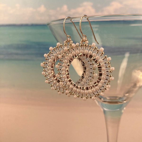 Petite Beaded Hoop Earrings White Silver Beaded By The Beach custom artisan USA hand made resort vacation bridal prom wedding special event ocean Sterling Silver