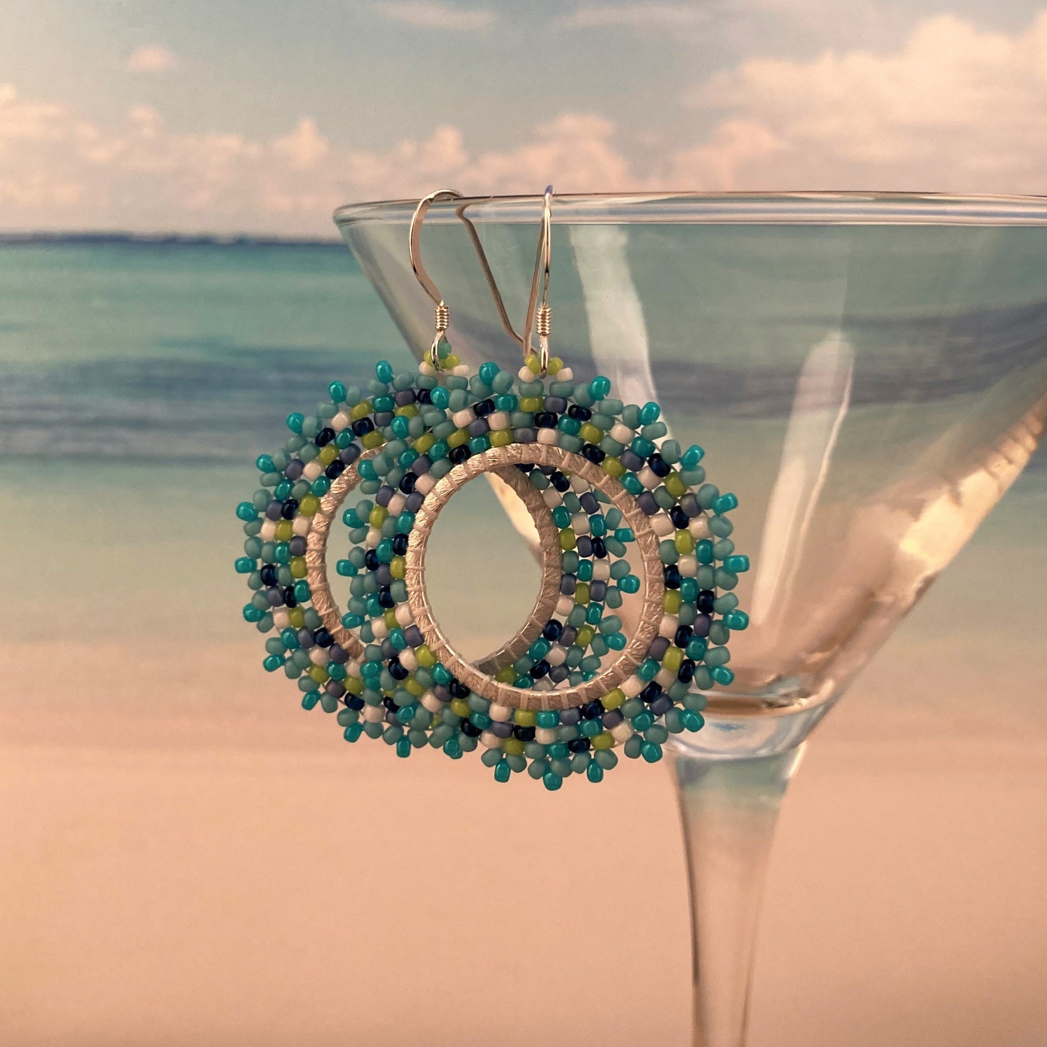 Petite Beaded Hoops in Turquoise Navy Green and White