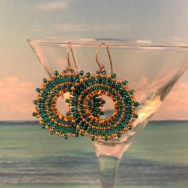 Petite Emerald Green Gold beads stitched around hammered hoop small earrings 14 K gold filled ear wires summer ocean resort accessory party vacation casual elegant prom bridal lightweight Beaded By The Beach