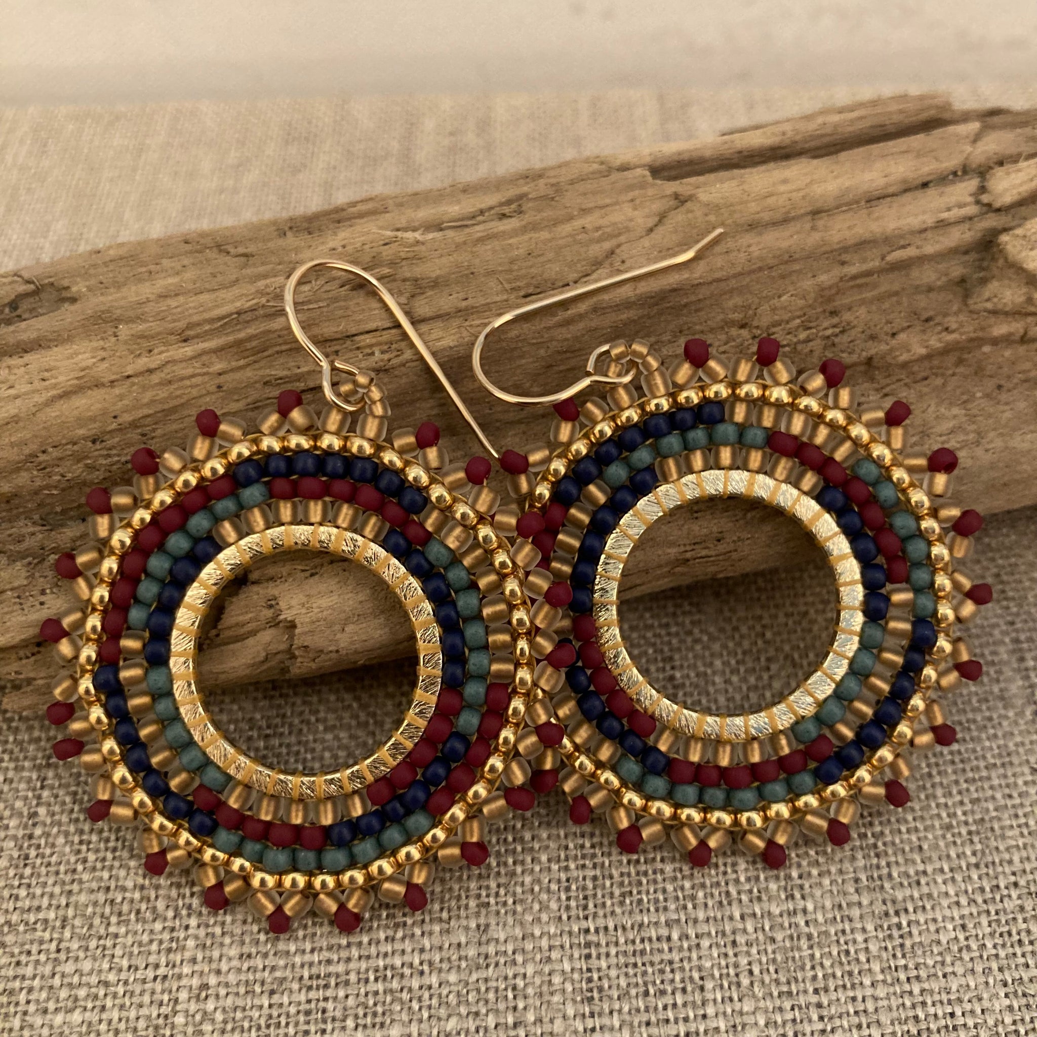 Petite Beaded Hoops in Dark Cranberry Red Navy Gold and Denim Blue