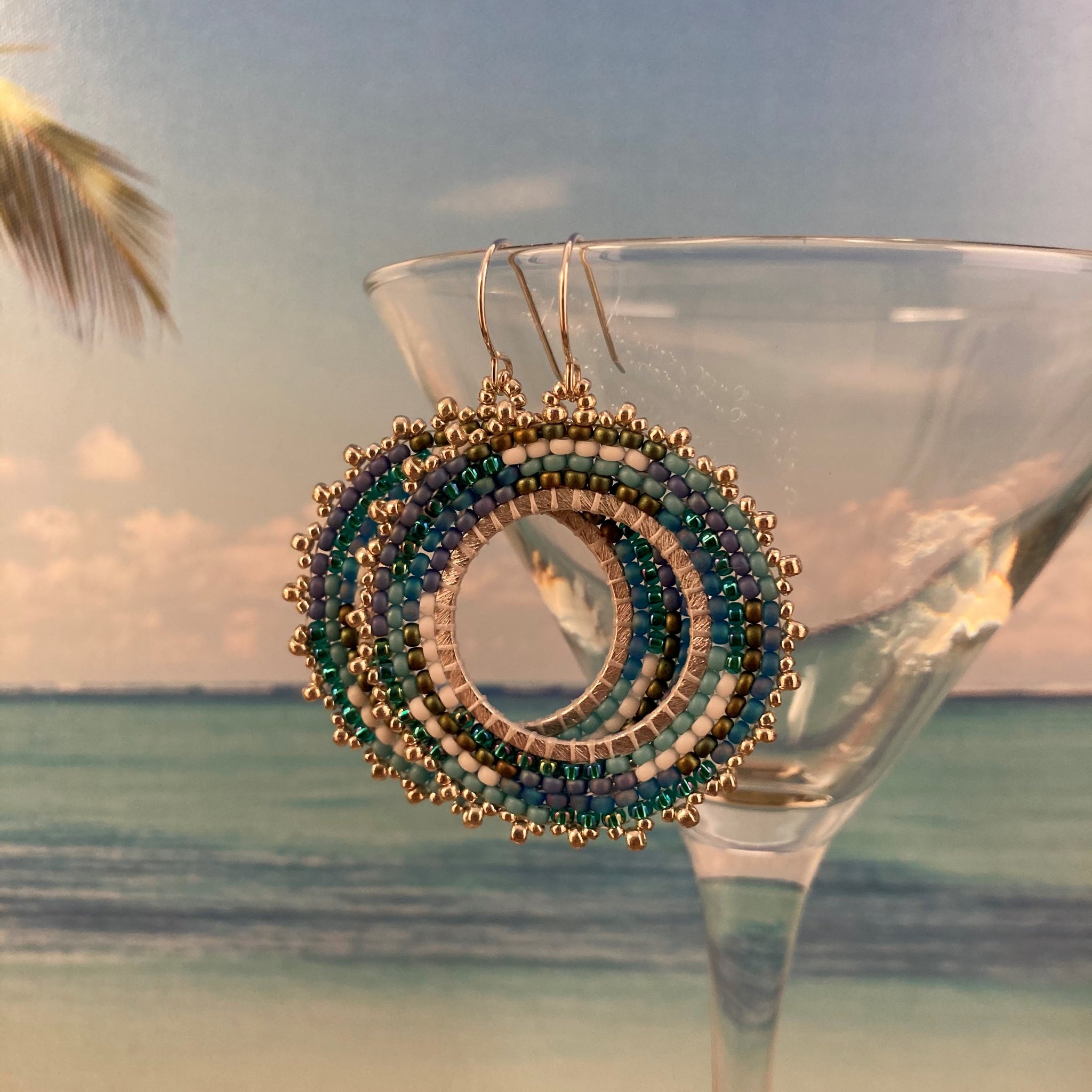 Petite Ocean Blues Green Beaded hoops Sterling Silver hand made artisan USA Beaded By The Beach Summer resort Fashion