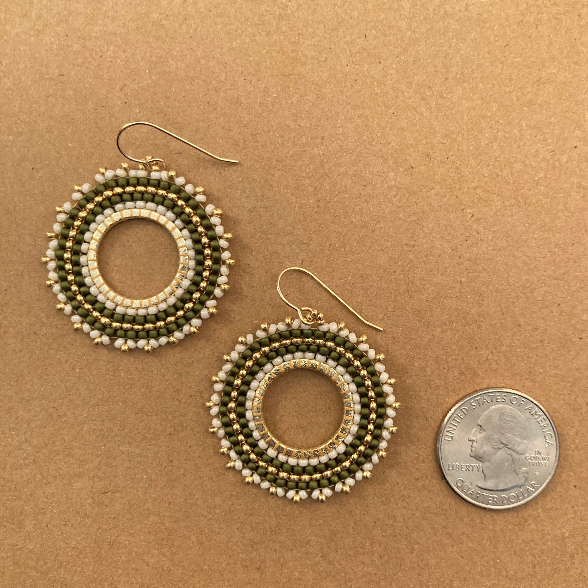 Petite Beaded Earrings in Olive Green Cream and Gold
