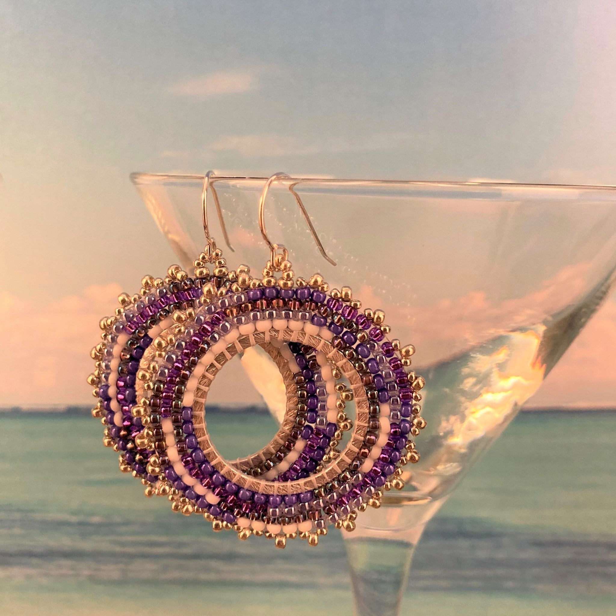 Petite Purple violet white silver beaded hoops 2 inches sterling silver vacation party prom bridal beach resort lightweight earrings Beaded By The Beach custom artisan USA hand made wedding special event ocean silver 