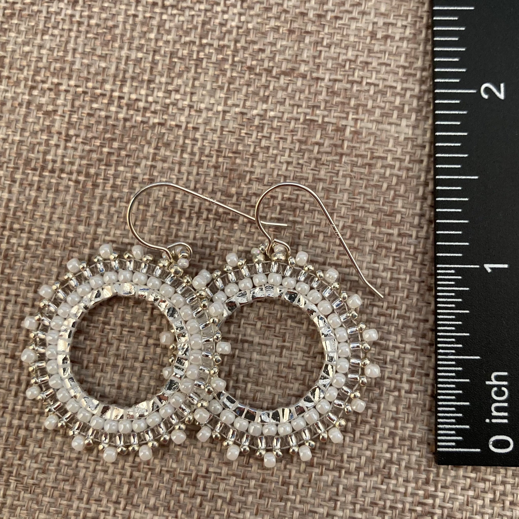 Petite Beaded Hoop Earrings in White and Silver