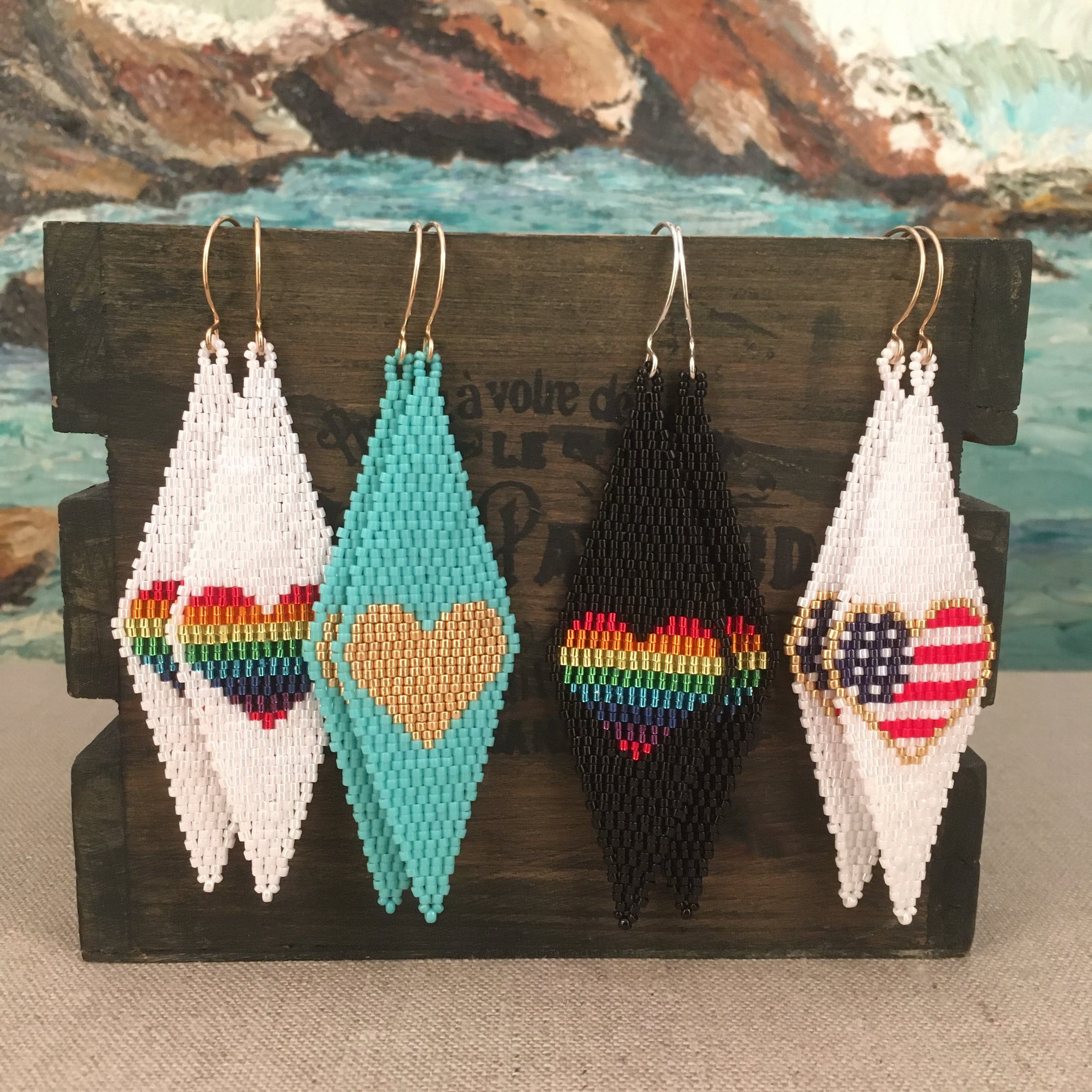Rainbow Gold Duster Long Earrings beaded by the Beach American Flag Heart Gold sparkling Beads artisan handmade in USA lightweight beach resort party prom wedding special occasion Pride 