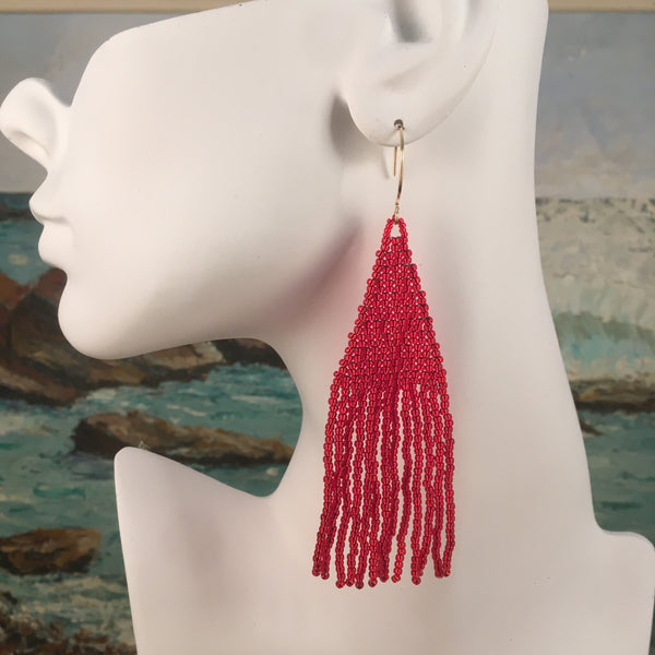 Duster Length Beaded Tassel Fringe Earrings in Ruby Red